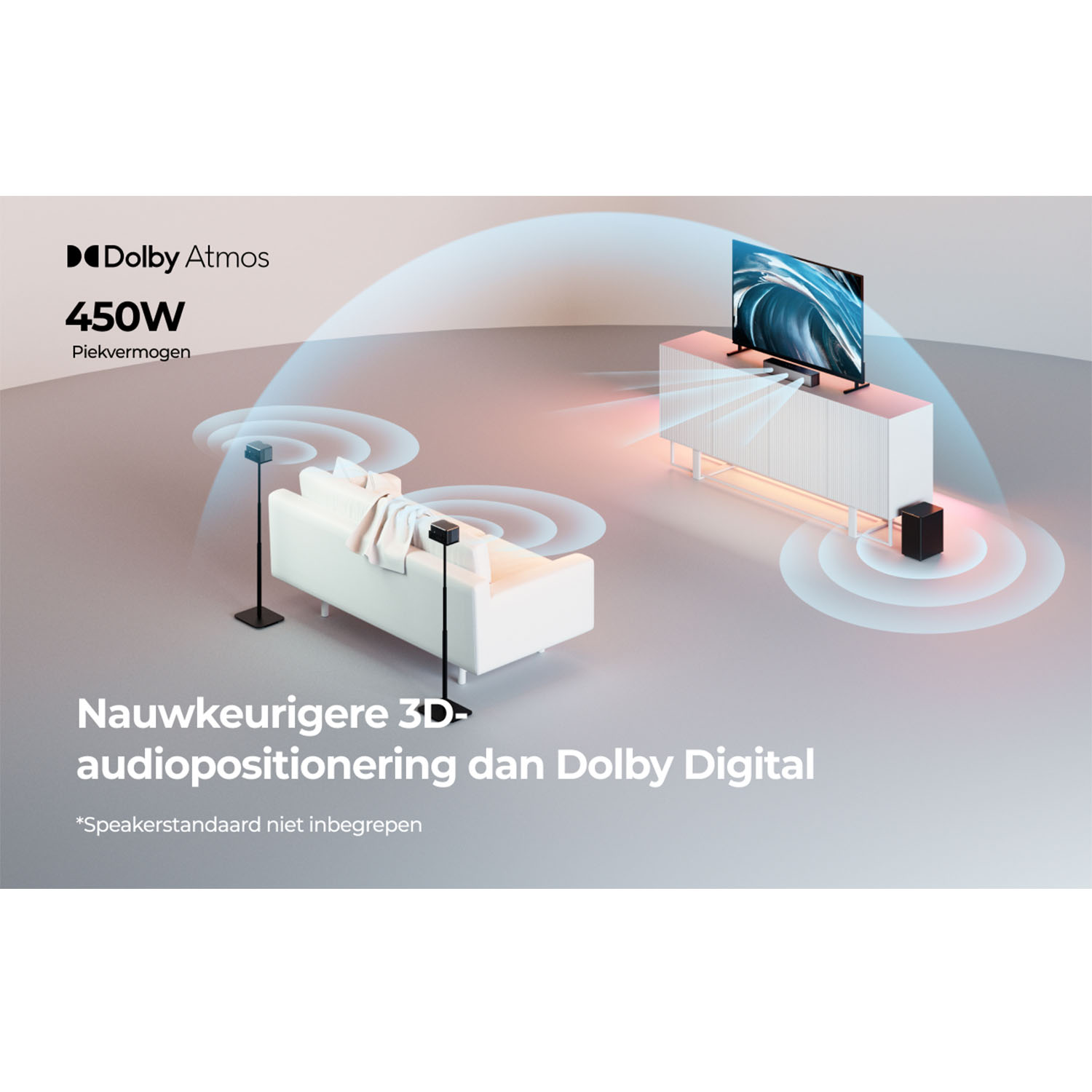 Configuration de salon avec TV et système audio, texte 'Nauwkeurigere 3D-audiopositionering dan Dolby Digital'.