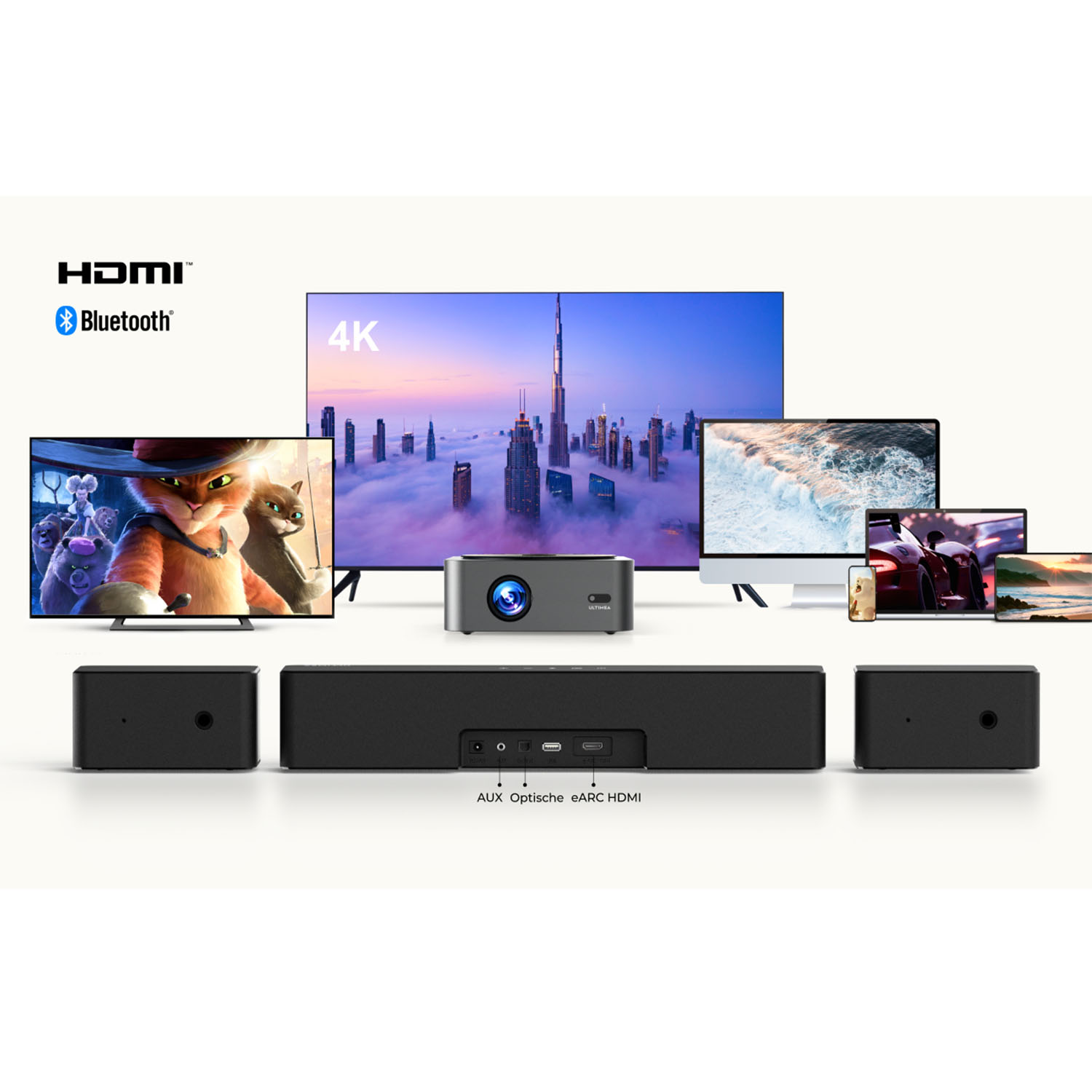 Une configuration de divertissement domestique avec plusieurs écrans, un projecteur et des haut-parleurs. Logos HDMI et Bluetooth.