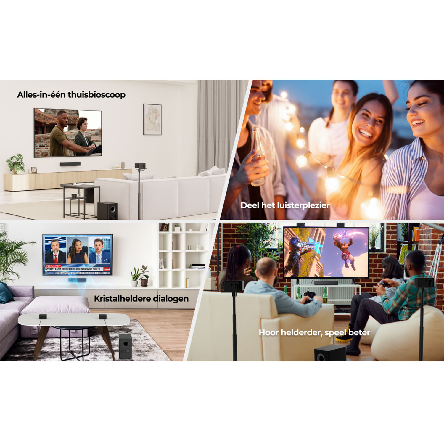 Une image divisée montre des configurations de divertissement à domicile. Les gens regardent la télé, écoutent de la musique et jouent.