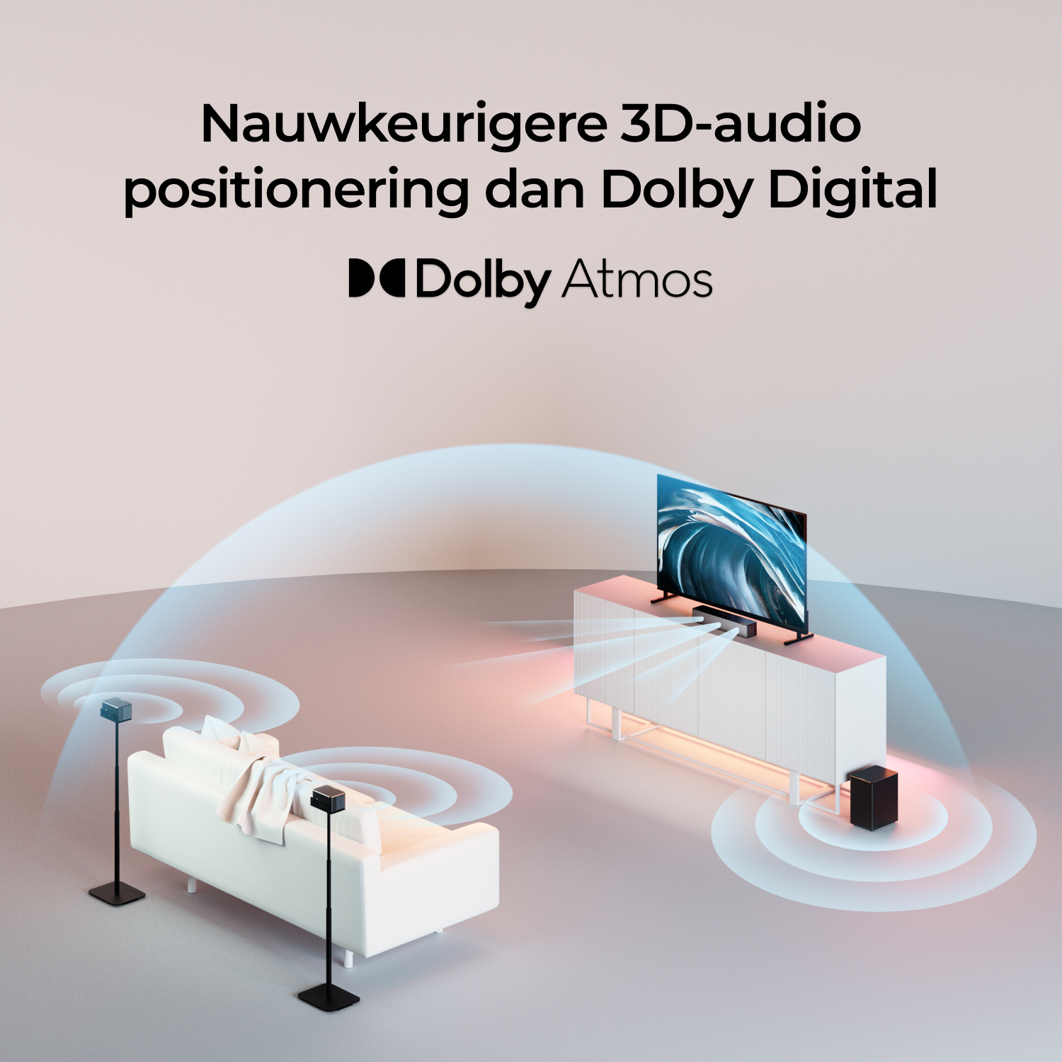 Une configuration de salon avec une TV et des enceintes, mettant en avant Dolby Atmos.