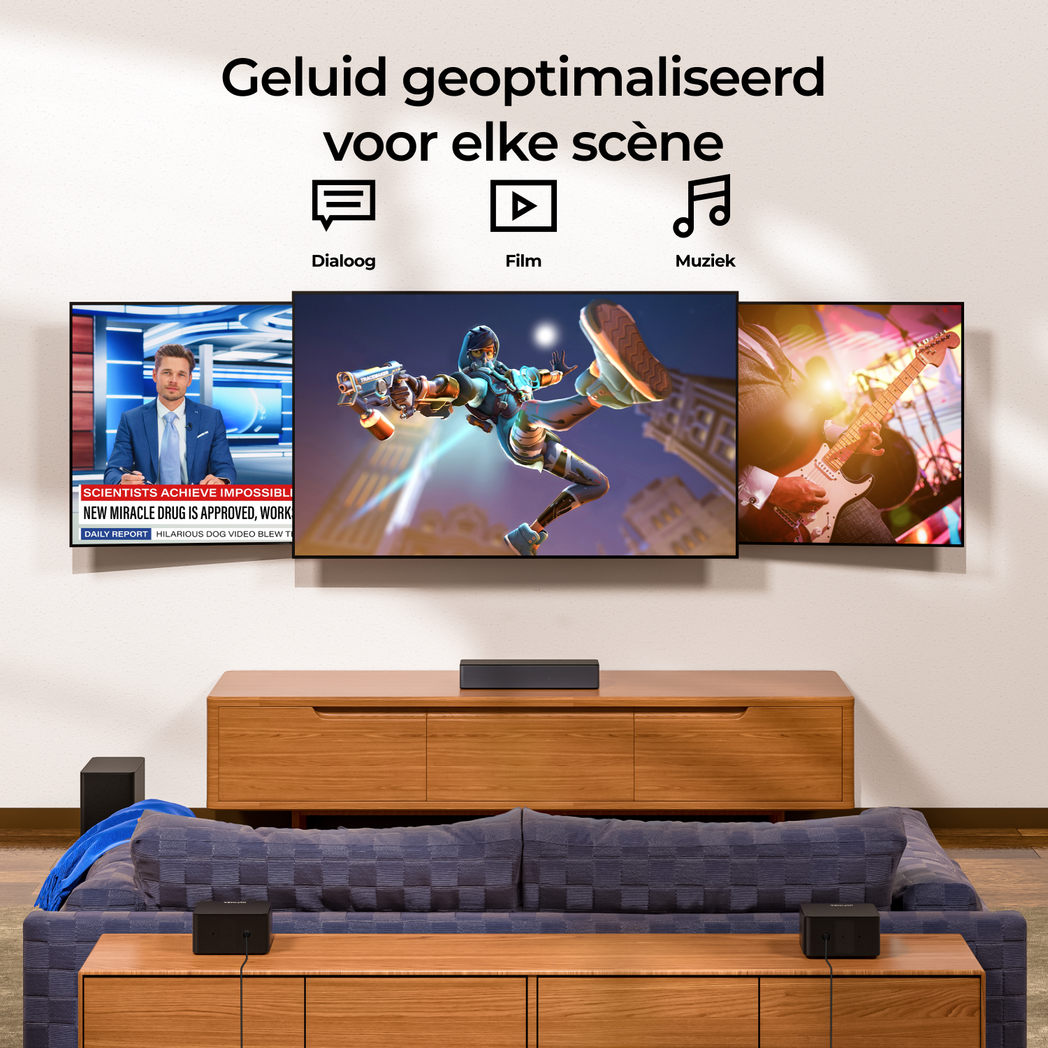 Three TVs showing different scenes. A wooden cabinet with soundbar and two speakers.