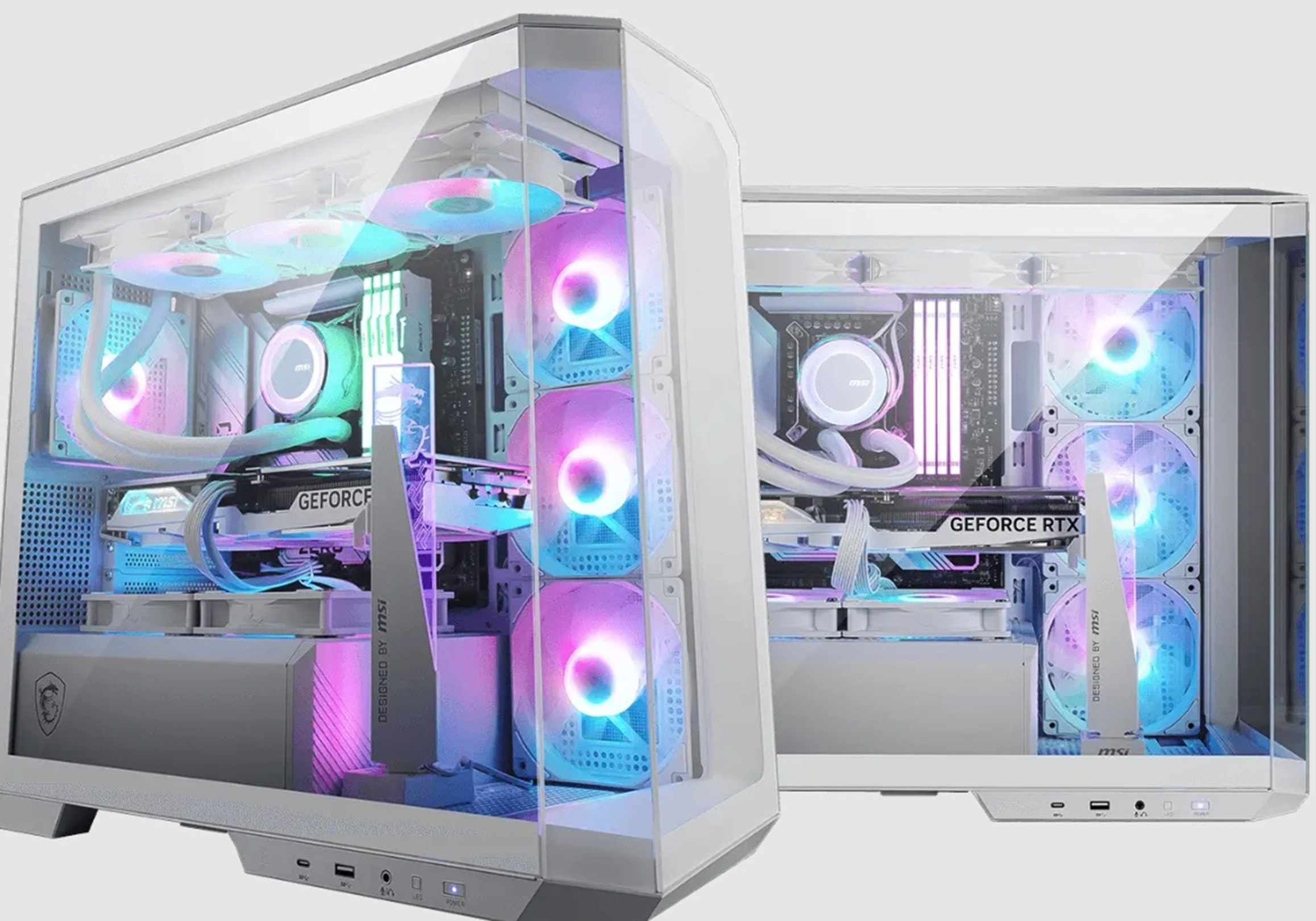 Dos cajas de PC gaming, lados transparentes. Interior muestra componentes, ventiladores con luces coloridas, logo MSI.