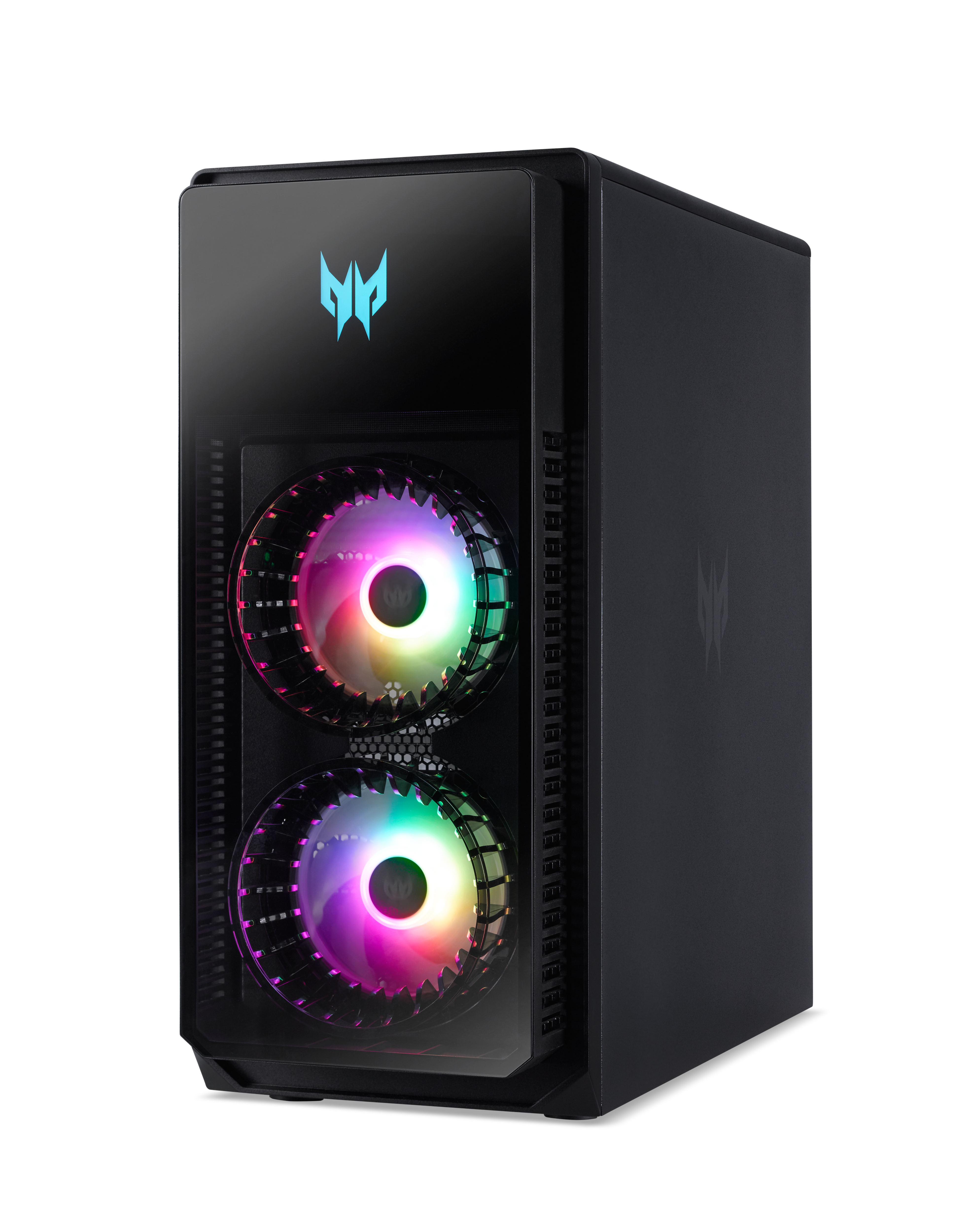 Czarny komputer do gier Predator z dwoma podświetlanymi wentylatorami i logo Predator z przodu.