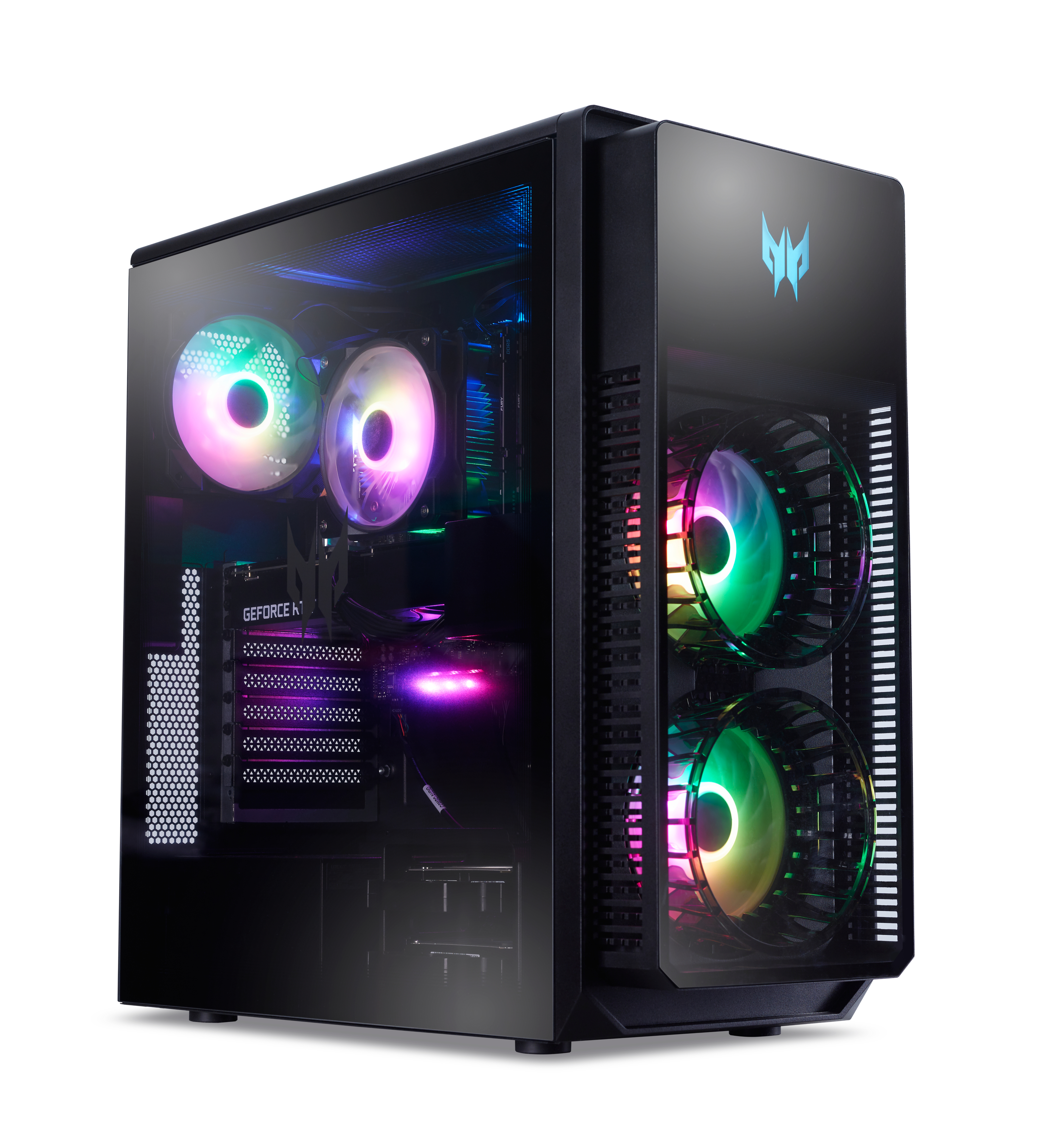 Czarny komputer do gier z przezroczystym panelem bocznym. Wnętrze oświetlone światłami RGB i wentylatorami. Logo Predator.