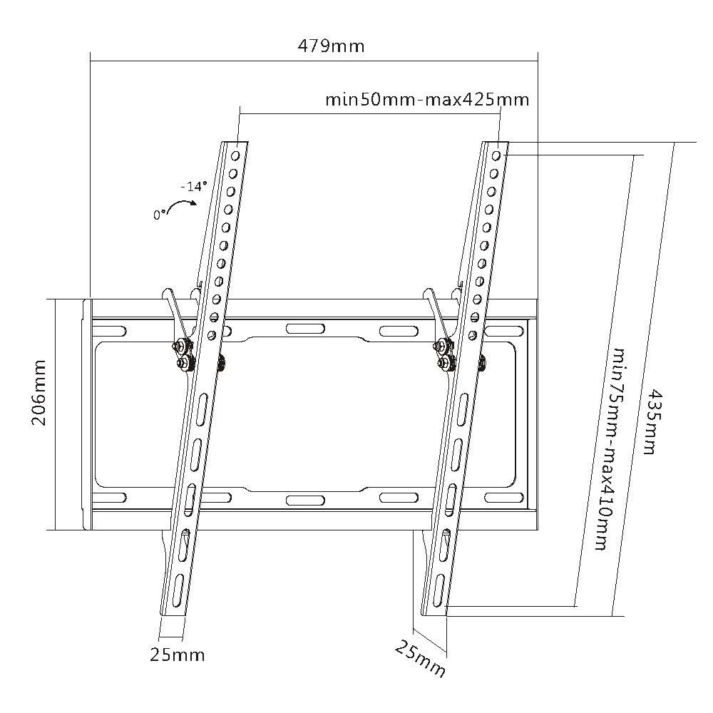 Diagram of a TV wall mount showing dimensions: 479mm width, 206mm height, and adjustable arm lengths.