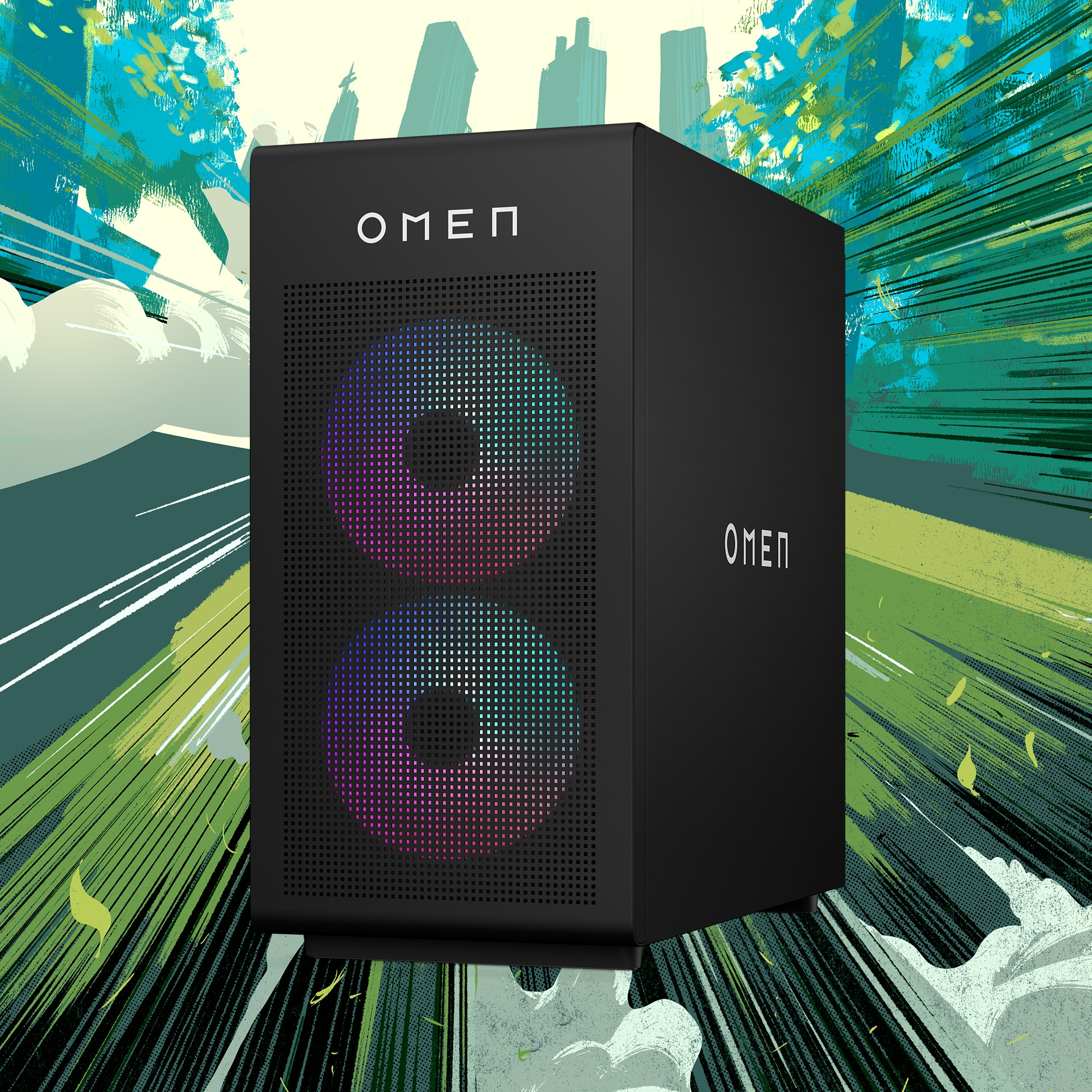 Boîtier PC OMEN noir avec deux ventilateurs circulaires, logo OMEN et lumières colorées.