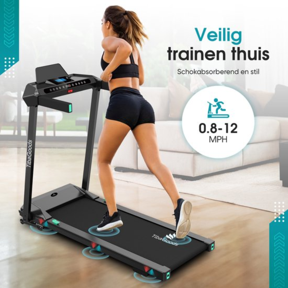 Woman running on a treadmill, with a home interior in the background and text overlay.