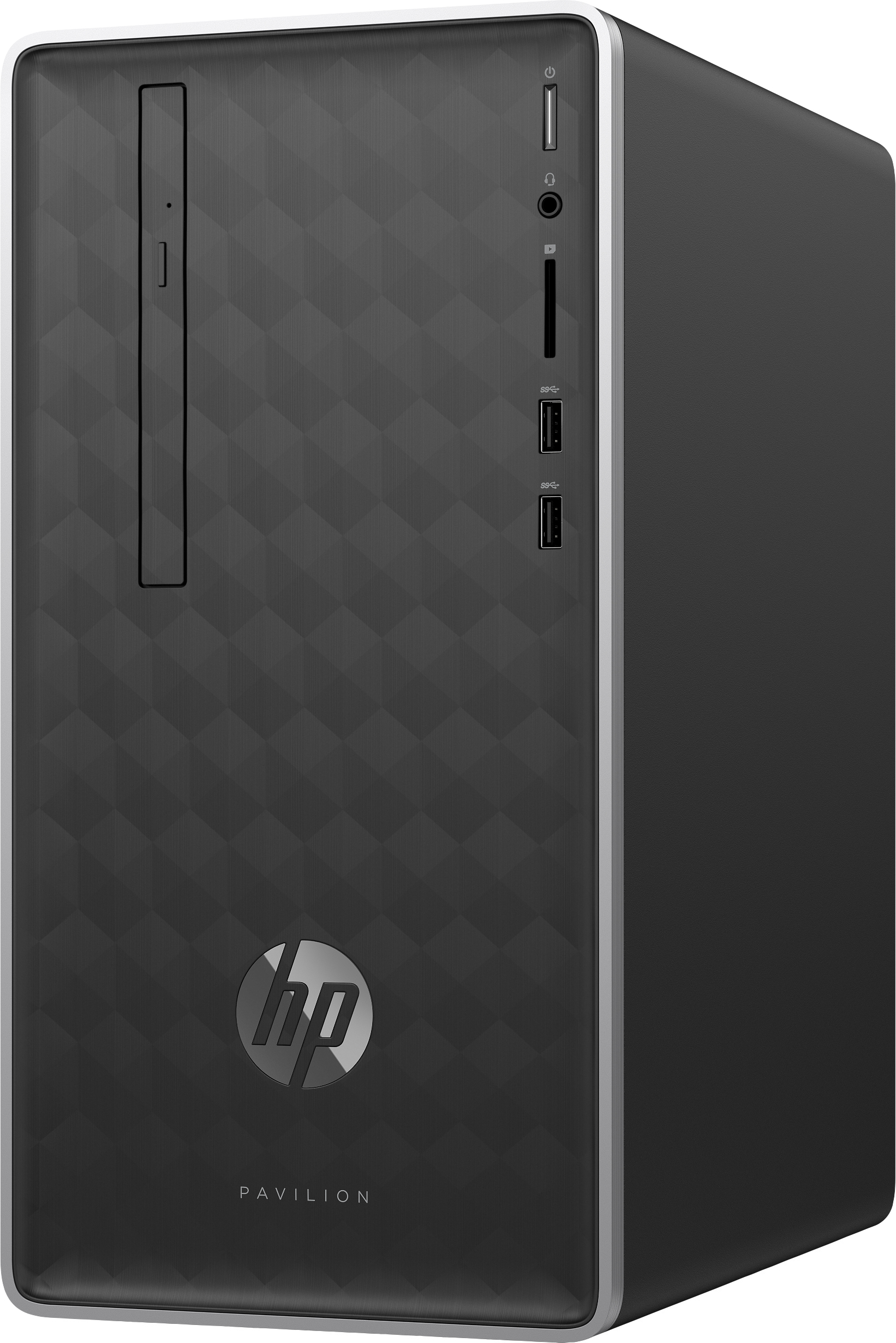 Czarny komputer stacjonarny HP Pavilion. Srebrne akcenty. Logo HP. Napęd DVD i porty z przodu.