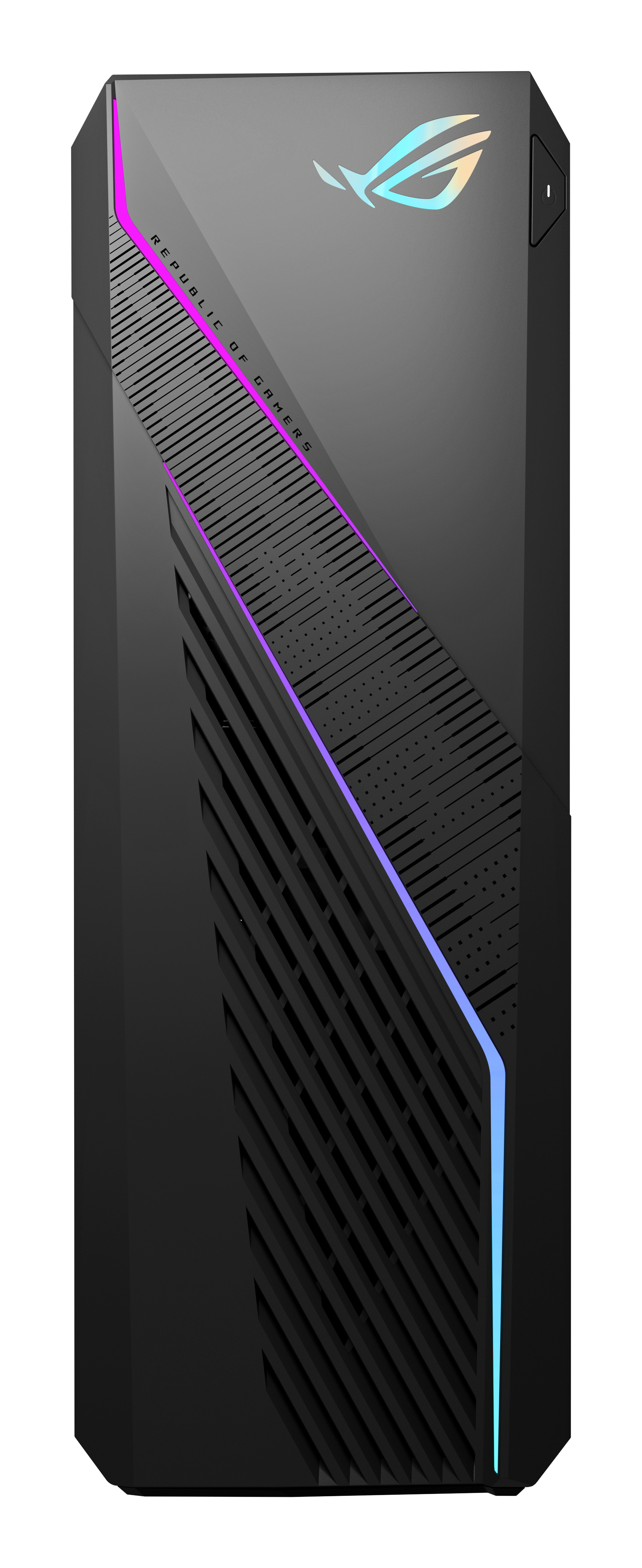 Czarna obudowa PC z przekątnymi liniami i oświetleniem RGB. Widoczny tekst 'REPUBLIC OF GAMERS' i logo ROG.