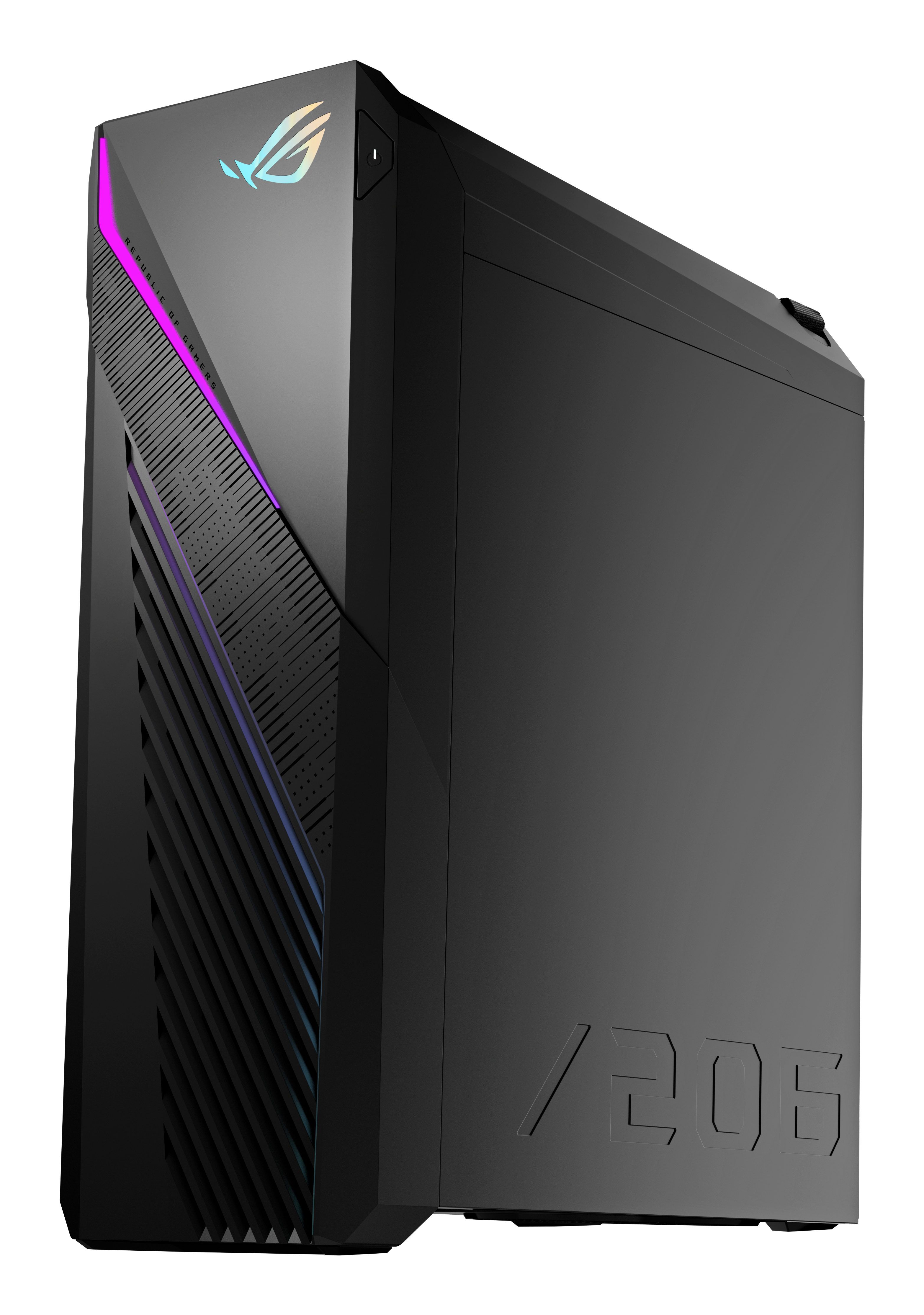 Czarna obudowa komputera z przekątnymi liniami, światłami RGB i logo ROG. Obudowa ma nowoczesny, kątowy design.