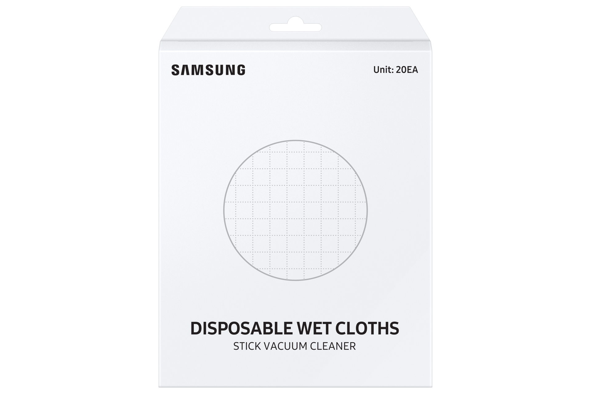 Weiße Box mit Samsung-Logo, Text: Einweg-Feuchttücher, Stielstaubsauger.