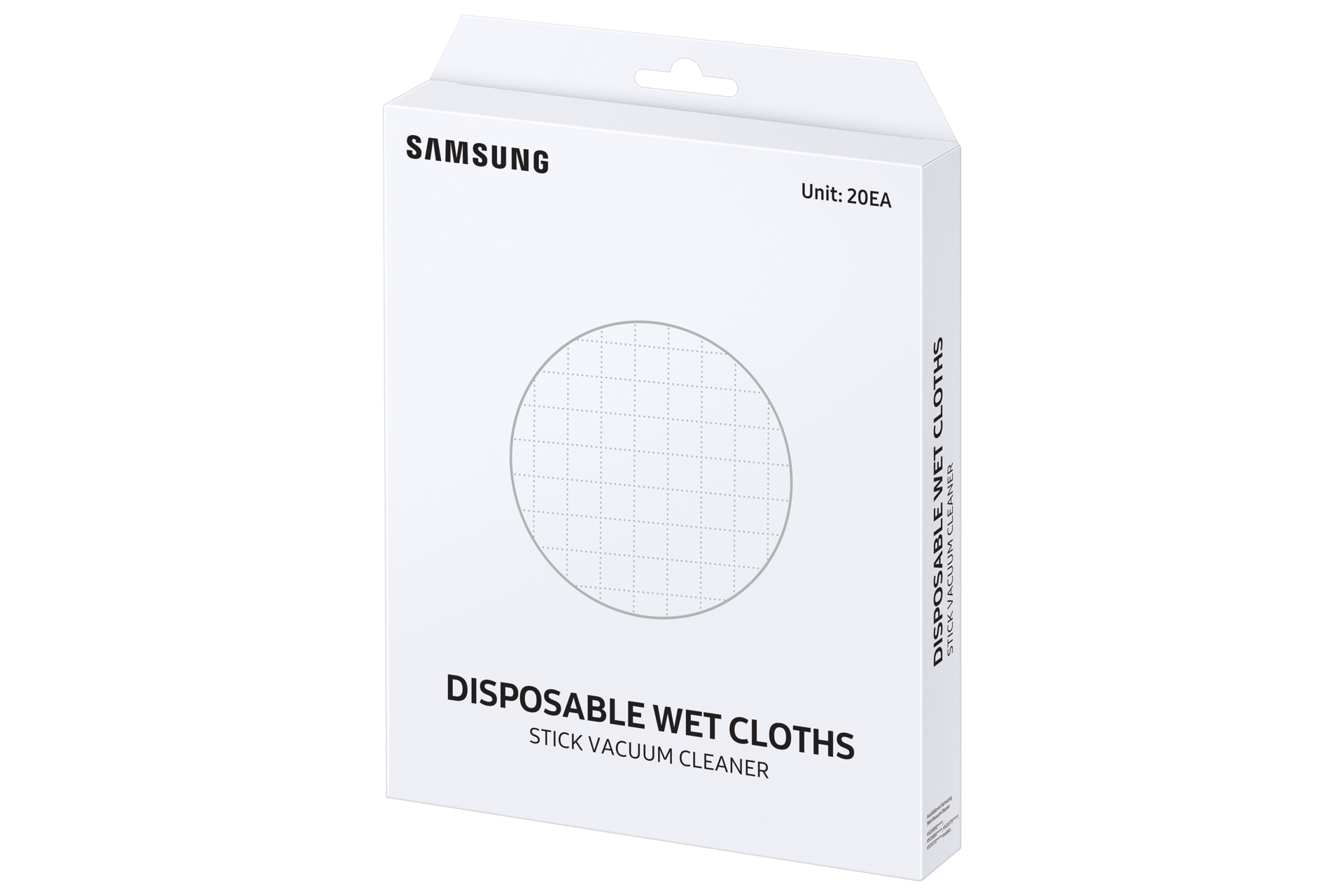 Weiße Box mit Samsung-Logo, Text: Einweg-Feuchttücher, Stielstaubsauger.