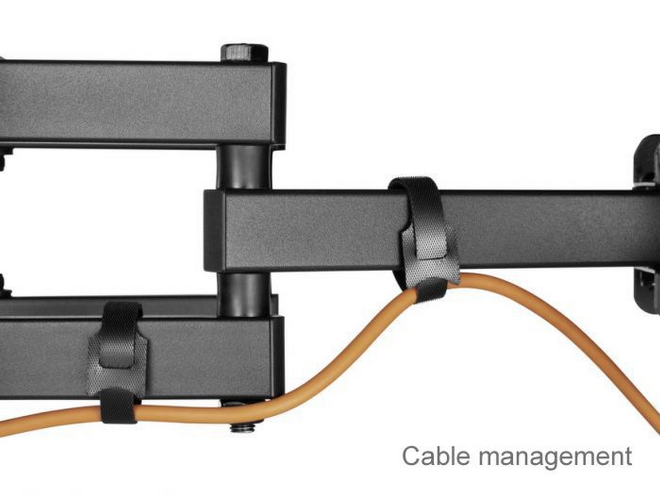 Nahaufnahme eines Kabelmanagementsystems: schwarze Halterungen, ein Kabel und Kabelbinder.