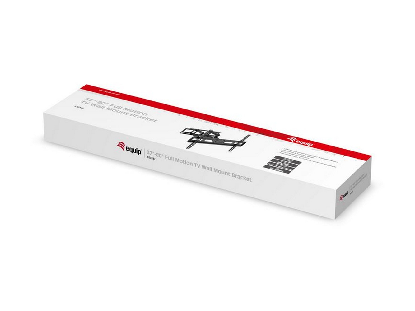 Weiße Box mit 'equip' Logo und Text, eine TV-Halterung innen. Weißer Hintergrund.