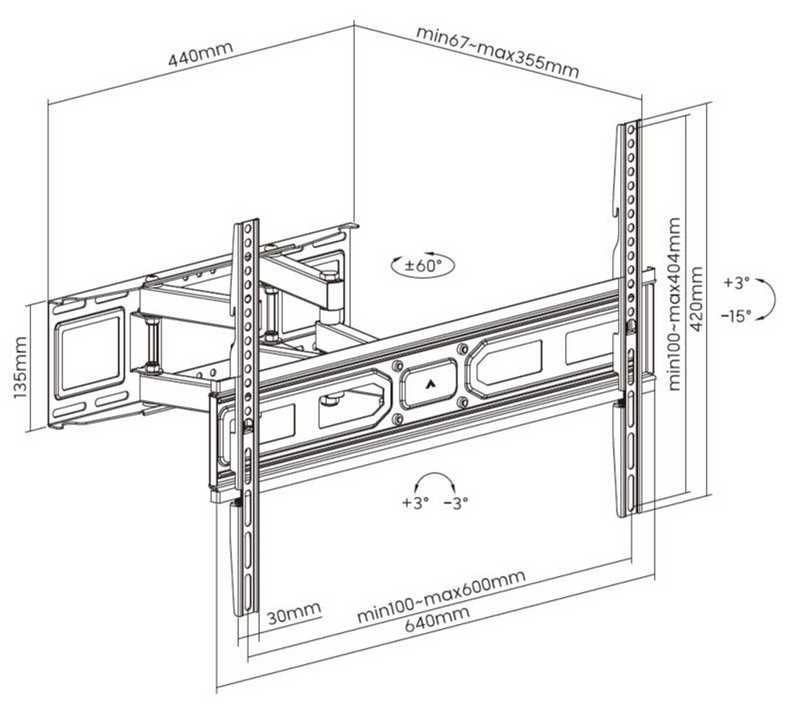 Diagramm einer TV-Halterung mit Abmessungen und Winkelmessungen, im technischen Zeichenstil.