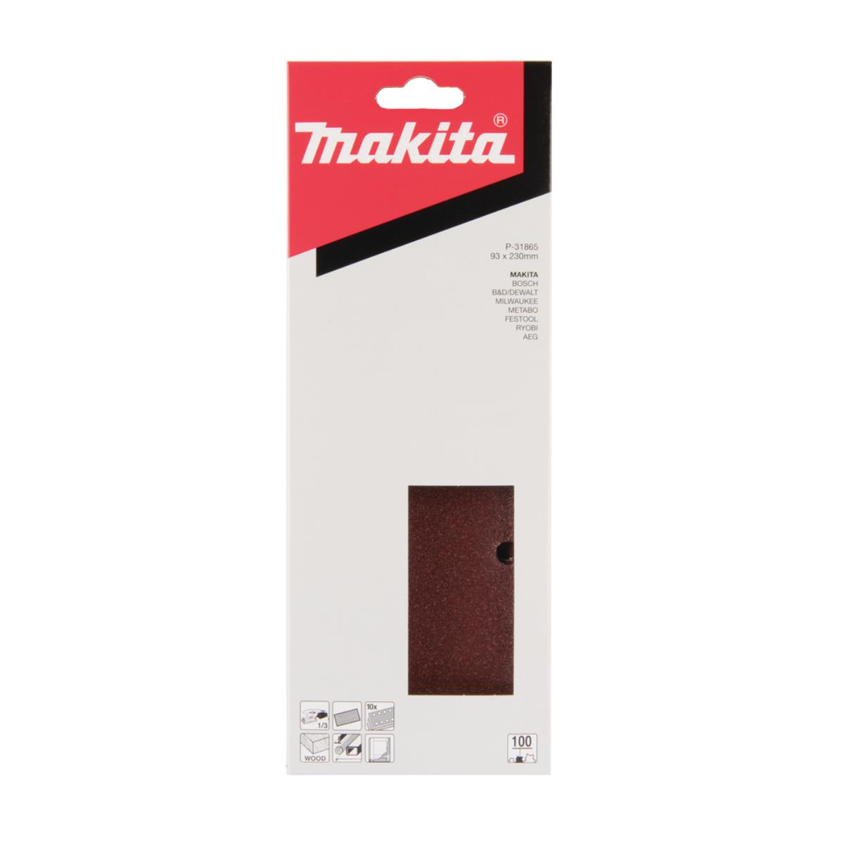 Makita verpakking met bruin rechthoekig schuurpapier erin. Witte achtergrond.