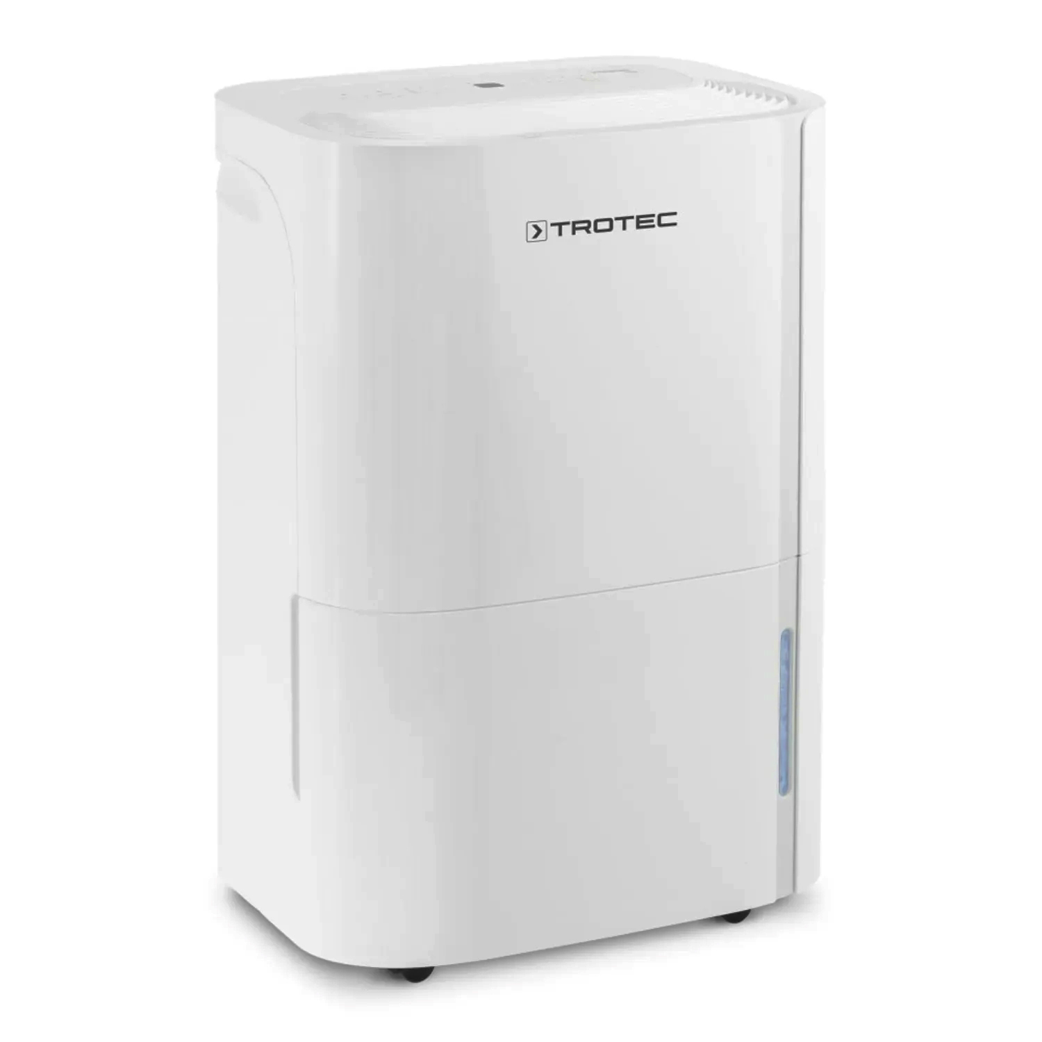 Witte Trotec luchtontvochtiger, rechthoekige vorm, met een waterniveau-indicator aan de voorkant.