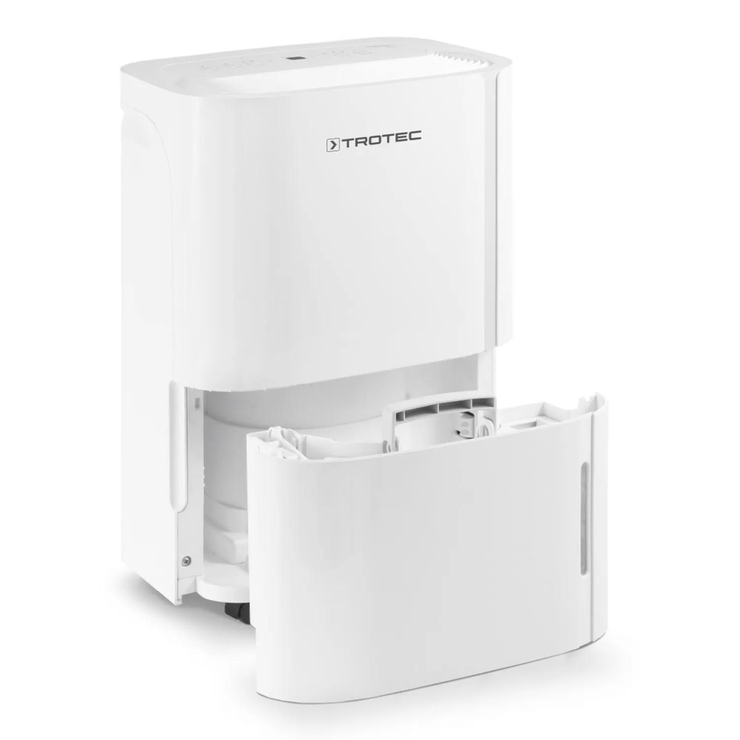 Witte luchtontvochtiger met verwijderde watertank, die het interieur toont.