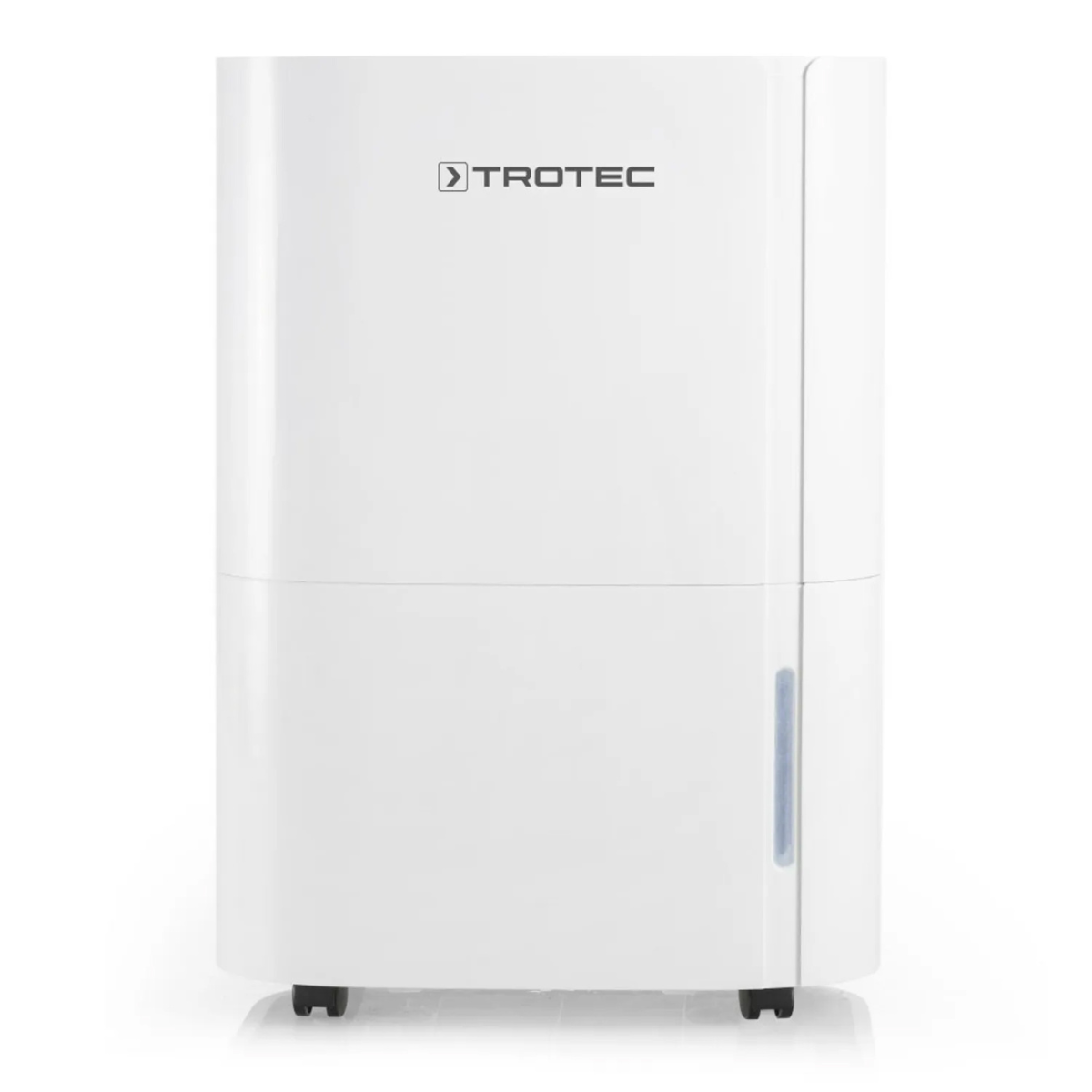 Witte Trotec luchtontvochtiger. Het heeft een eenvoudig, rechthoekig ontwerp en staat op een wit oppervlak.