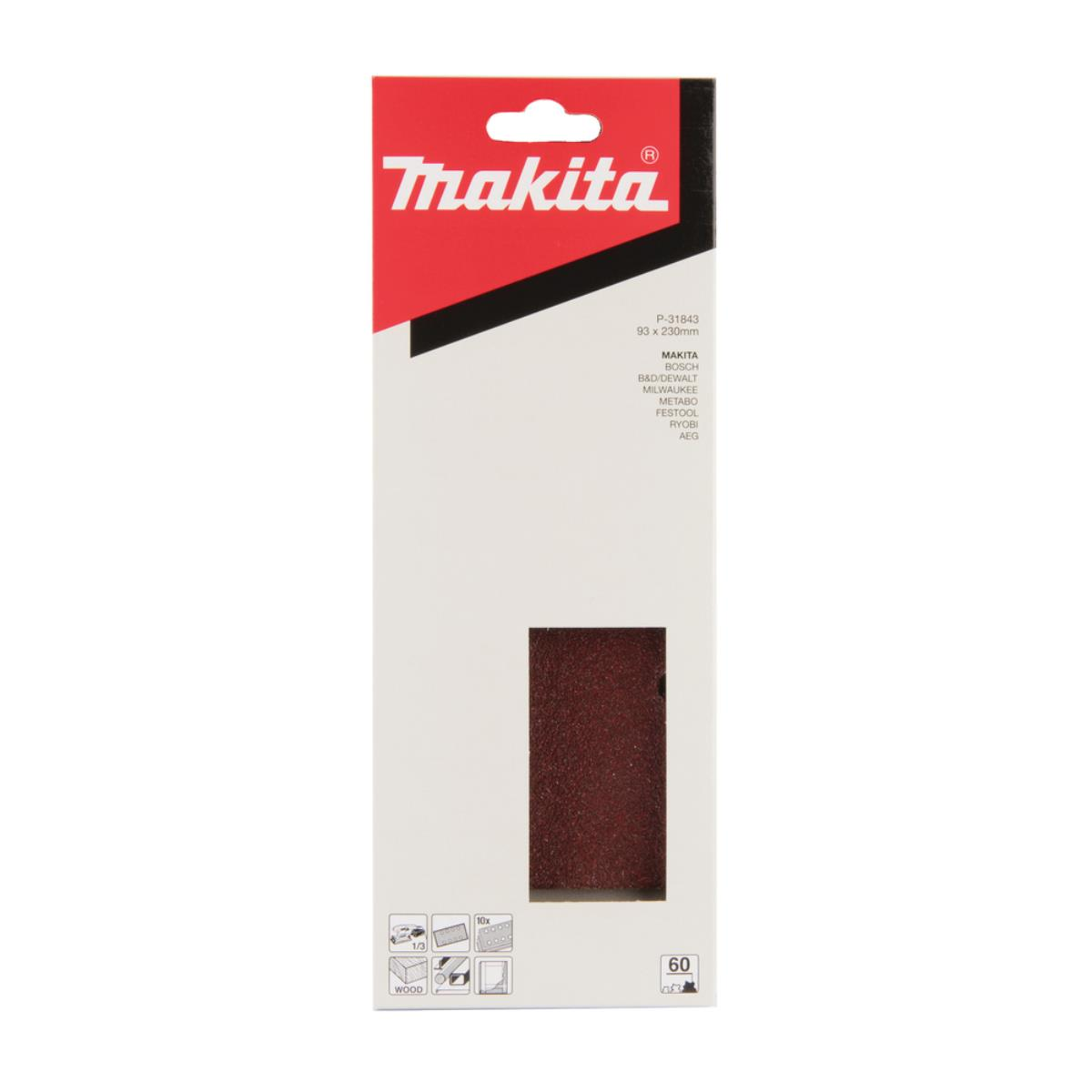 Makita Schleifpapierverpackung. Braunes Schleifpapier sichtbar. Weißer Hintergrund.