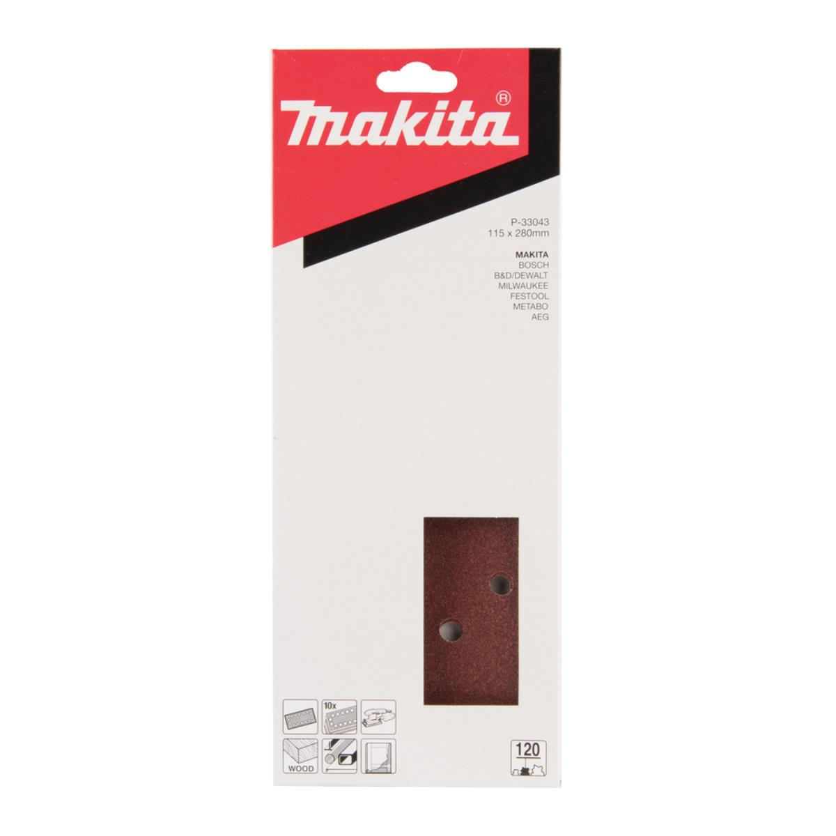 Makita Schleifpapierverpackung. Braunes Schleifpapier sichtbar. Weißer Hintergrund.