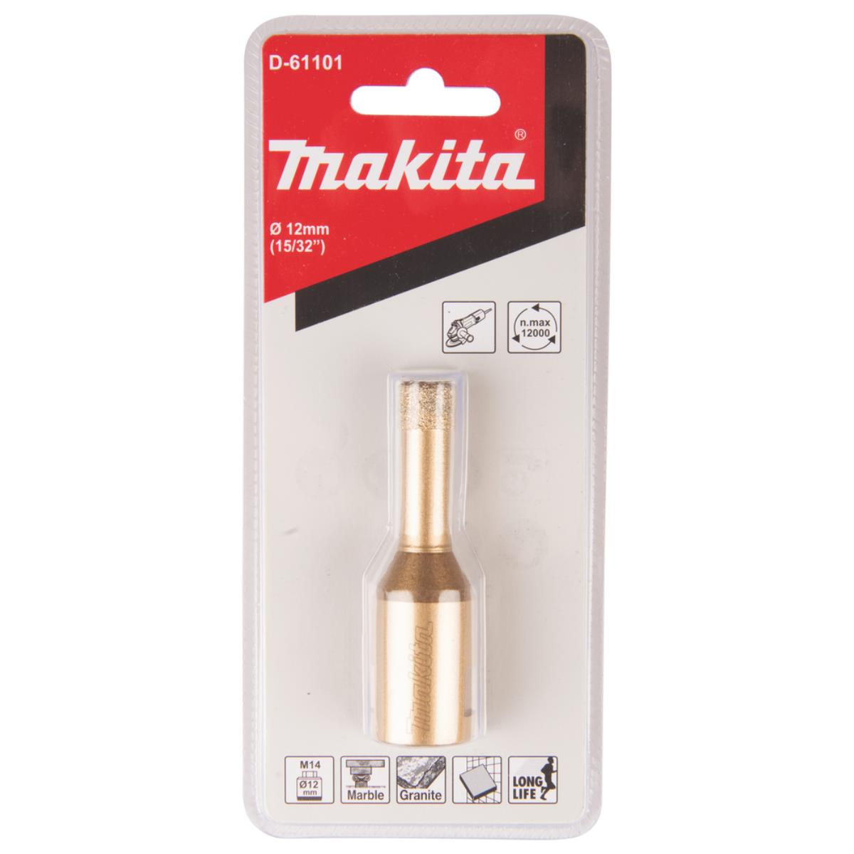 Makita Bohrer Verpackung. Der Bohrer ist goldfarben. Die Verpackung ist transparent.