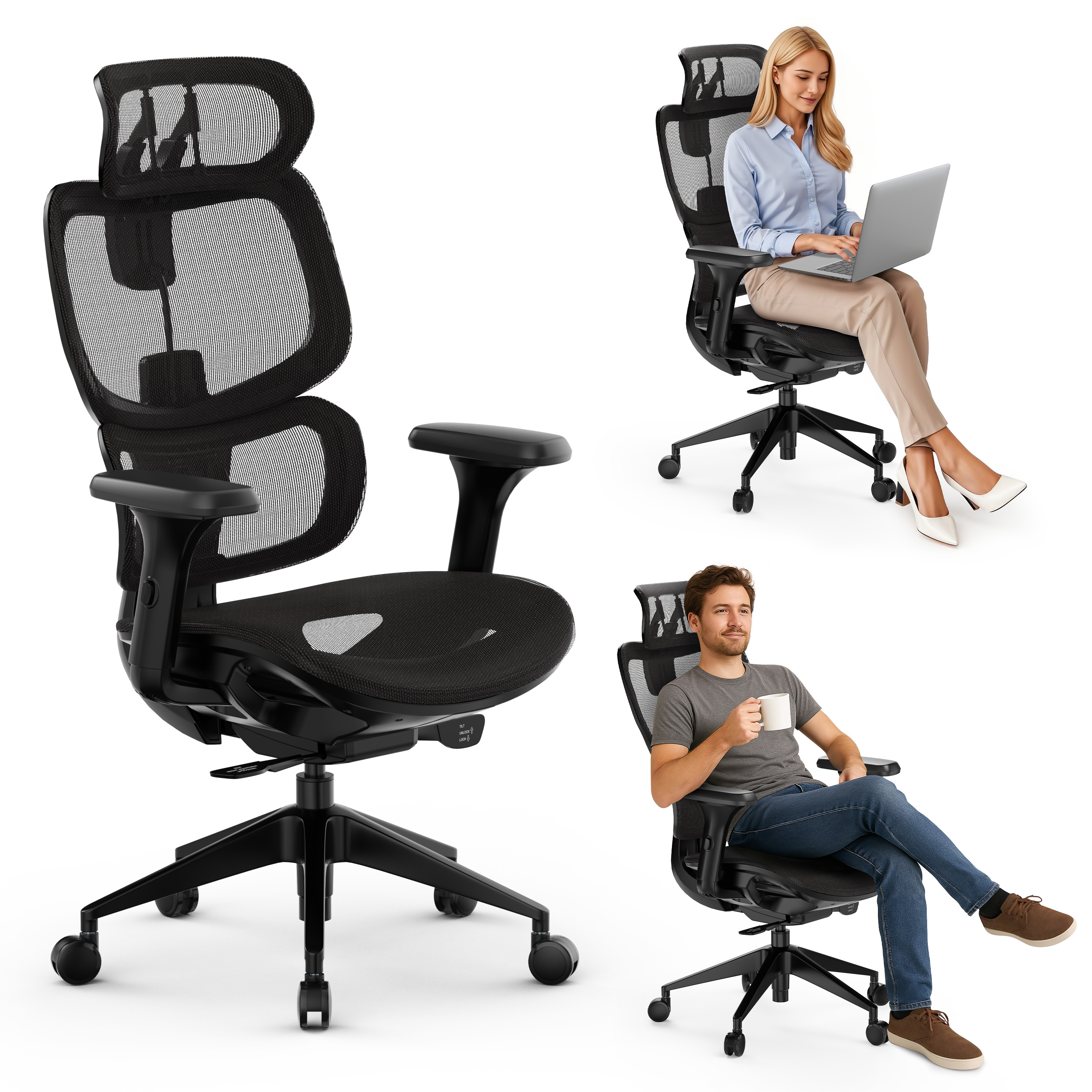 Drie afbeeldingen van een zwarte ergonomische bureaustoel met mensen die hem gebruiken.