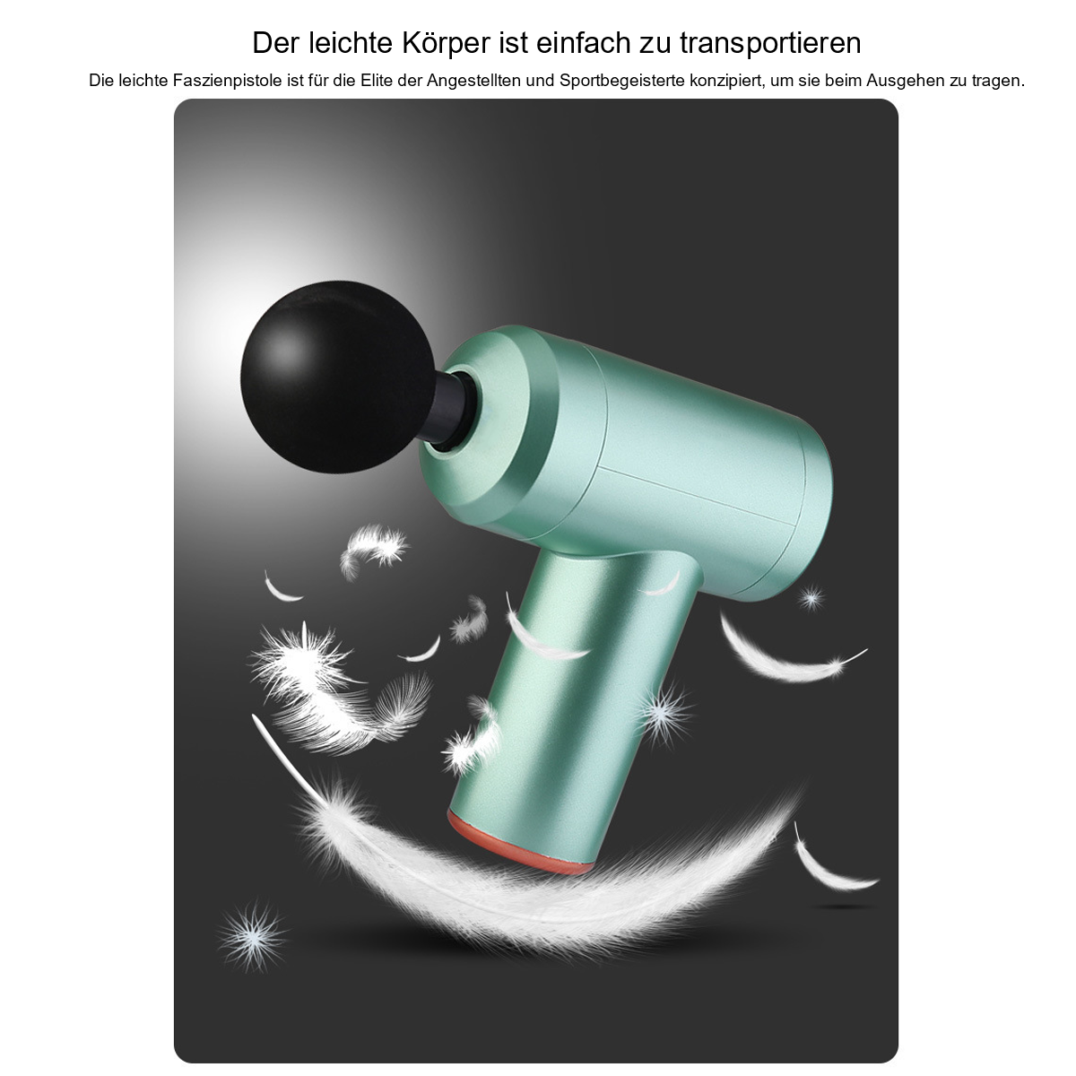 Eine grüne Massagepistole mit schwarzem Kopf. Weiße Federn schweben darum vor dunklem Hintergrund.