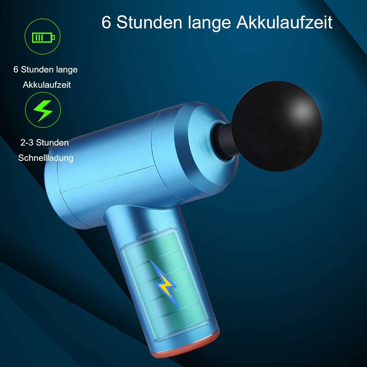 Eine blaue Massagepistole mit einem schwarzen Ball am Ende, zusammen mit Informationen zur Akkulaufzeit.