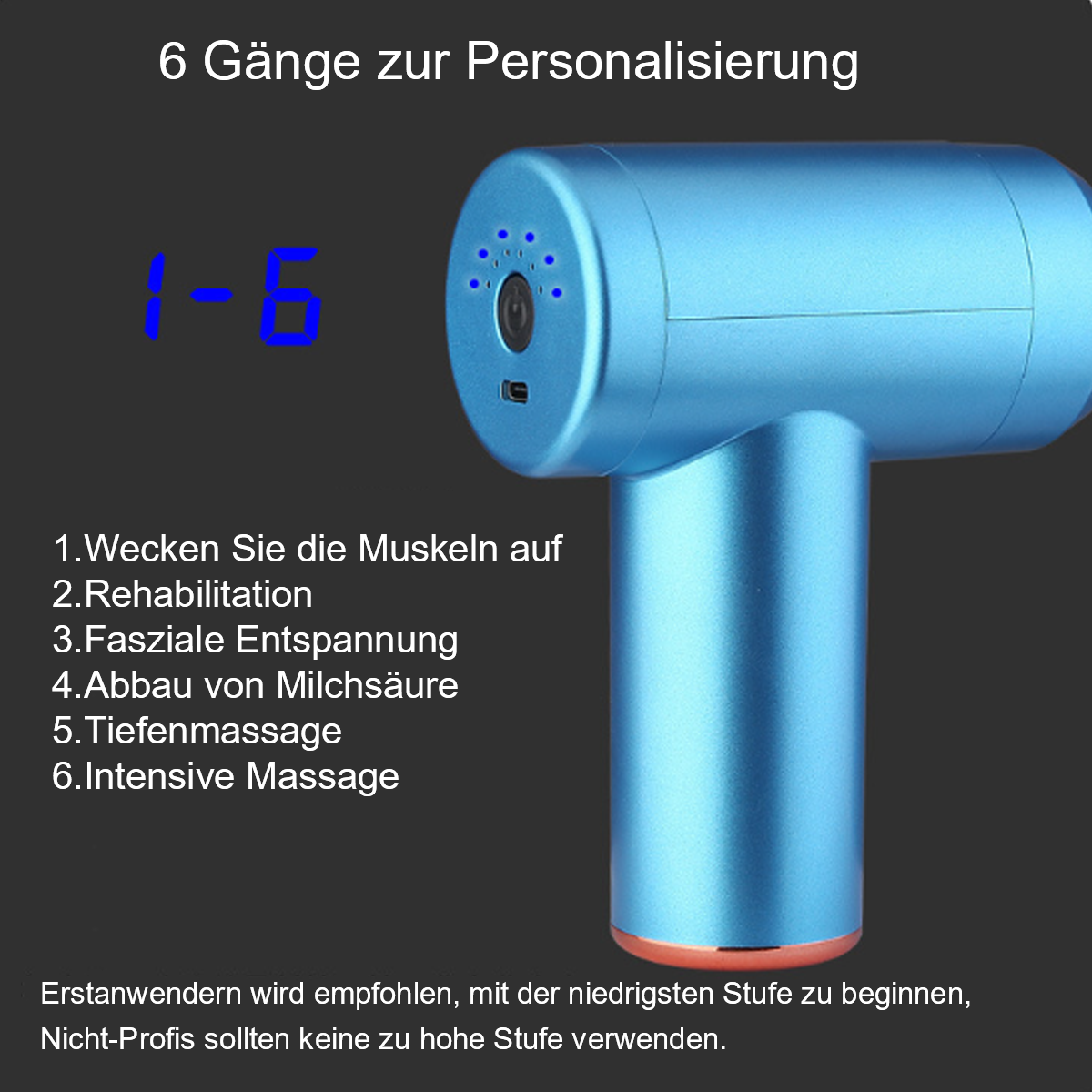 Blaue Massagepistole mit deutschem Text, der Massageschritte beschreibt, auf schwarzem Hintergrund.