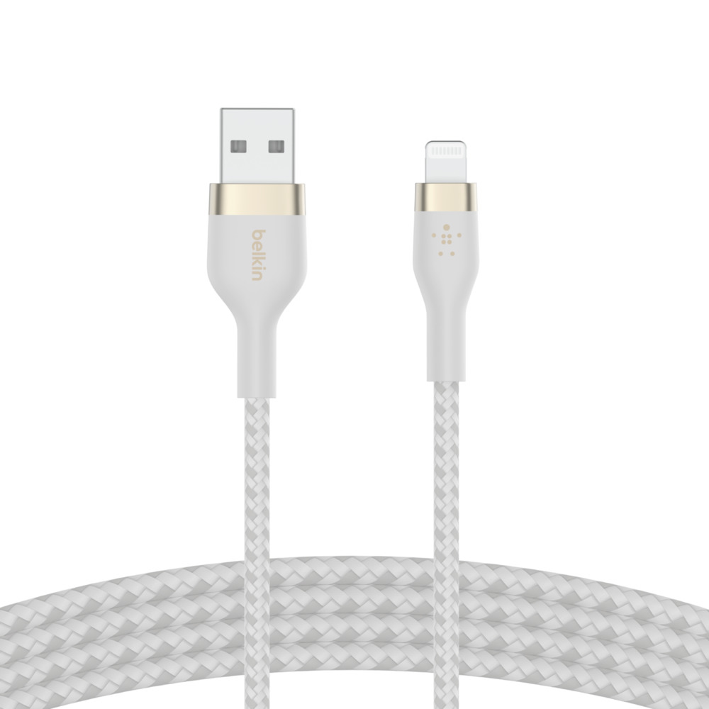 Biały kabel USB do Lightning z plecionym wzorem i marką Belkin.