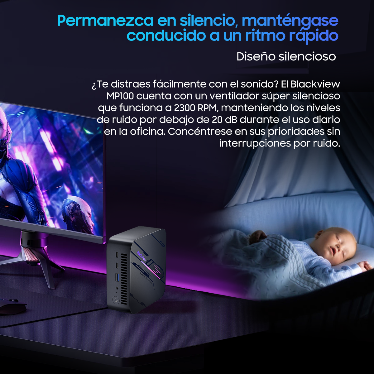 Un anuncio que muestra un ordenador y un bebé durmiendo. Texto: 'Mantente en silencio, mantente rápido. Diseño silencioso'.