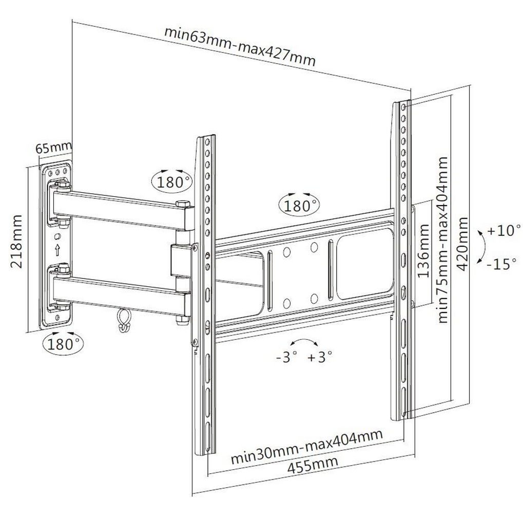 Diagram van een zwarte tv-beugel met afmetingen. De achtergrond is wit.