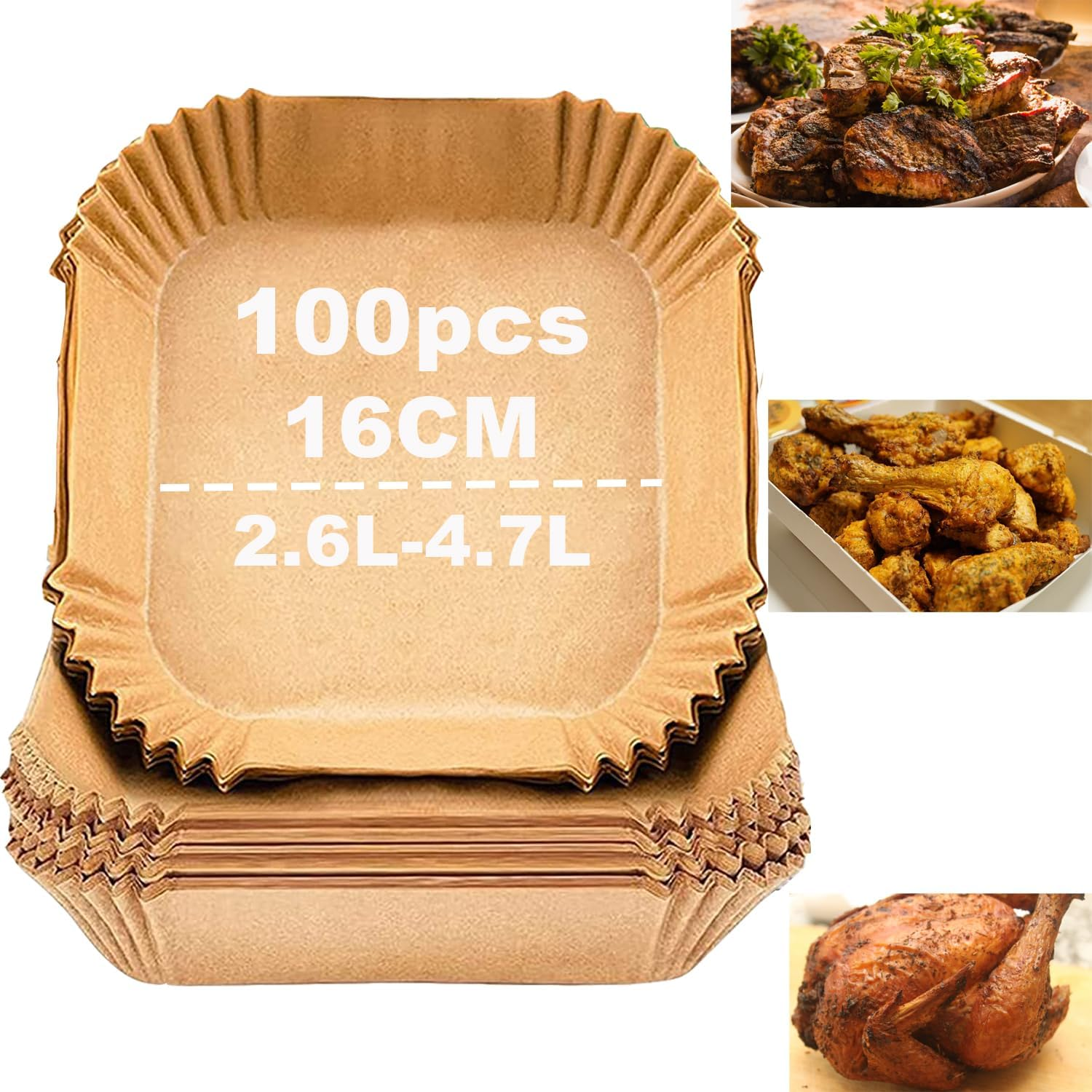 Braune quadratische Papier-Heißluftfritteusen-Einlagen mit Text und gekochtem Essen. Weißer HG.