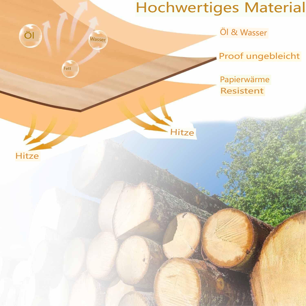 Materialdiagramm, das Öl-, Wasser- und Hitzebeständigkeit auf Holz zeigt.