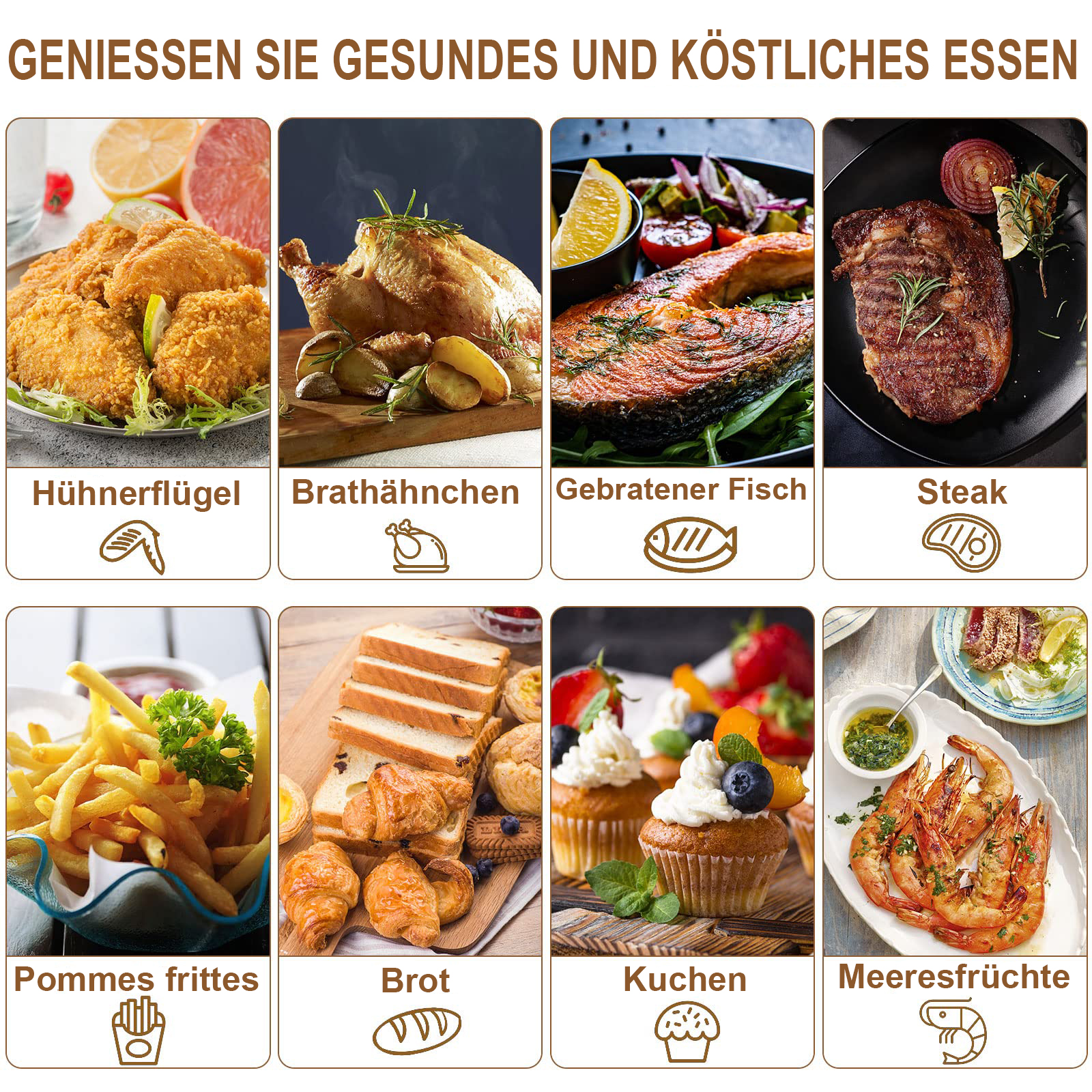 Collage aus zubereiteten Speisen, darunter Brathähnchen, Steak und Gebäck.