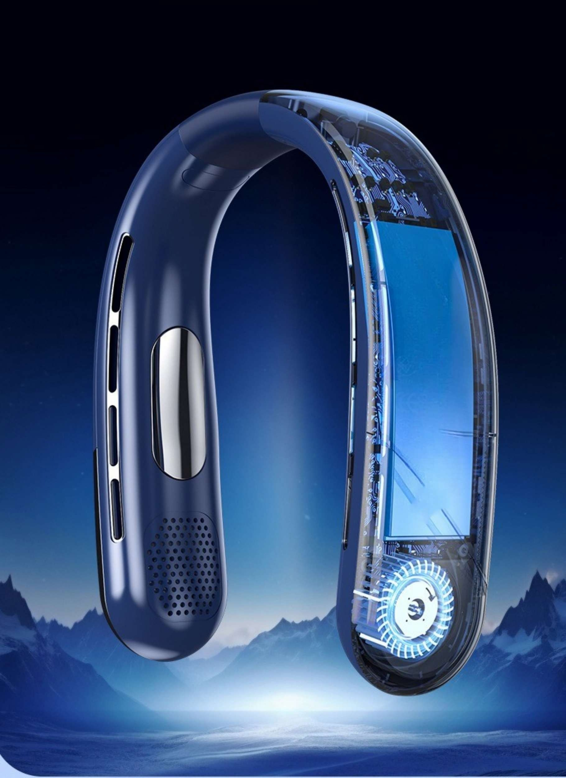 Blauer, futuristisch aussehender Nackenventilator. Hat transparente Bereiche mit sichtbaren Innenteilen.