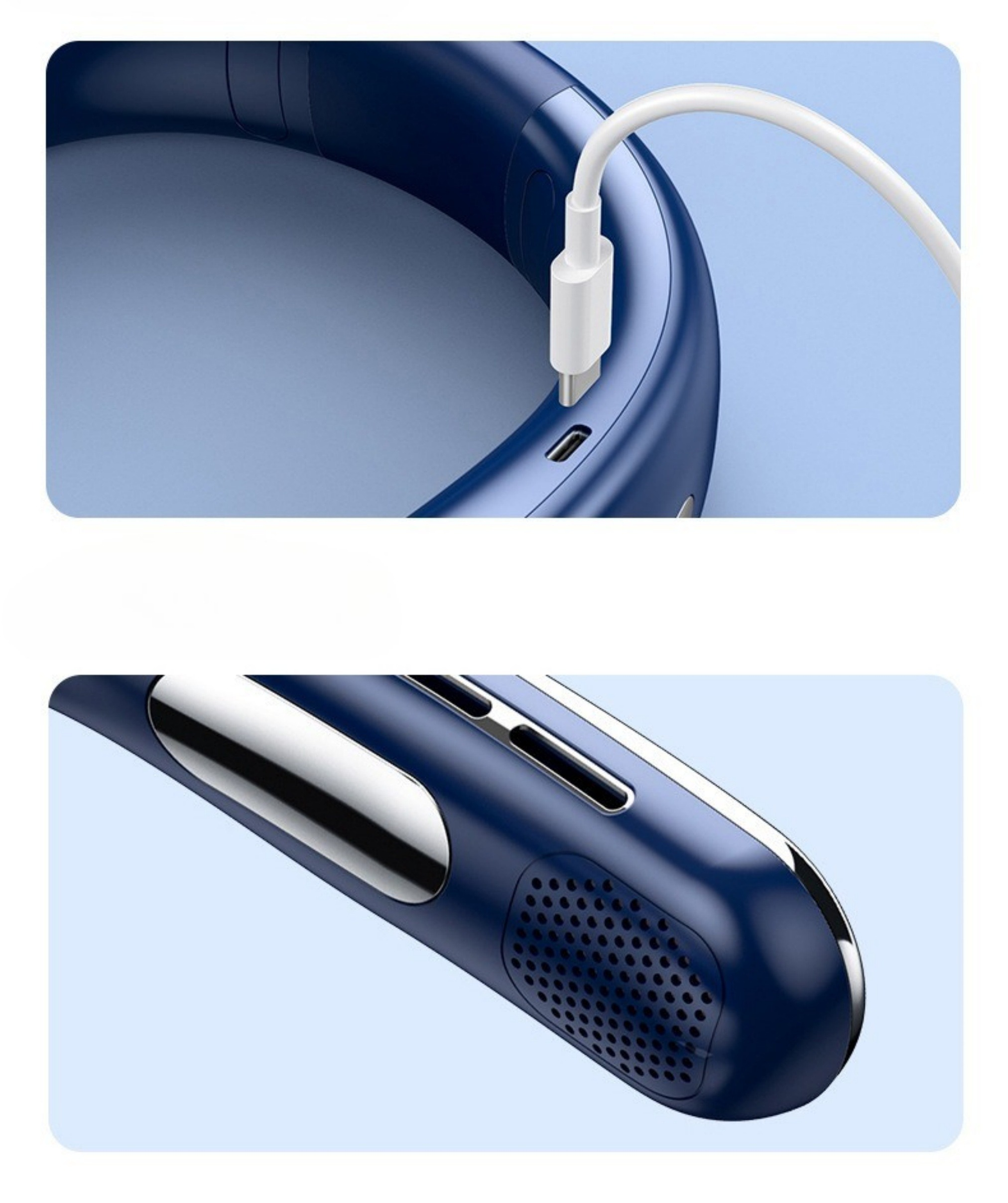 Nahaufnahme eines blauen Nackenventilators, der mit einem USB-C-Kabel geladen wird.