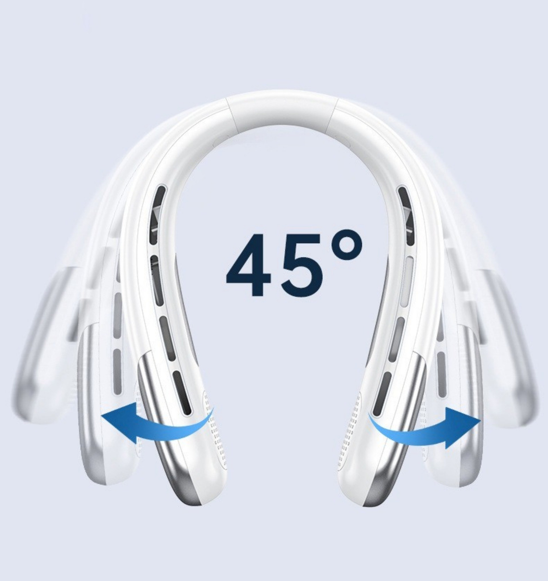 Ein weißer und silberner Nackenventilator mit 45-Grad-Winkel, der die Luftstromrichtung zeigt.