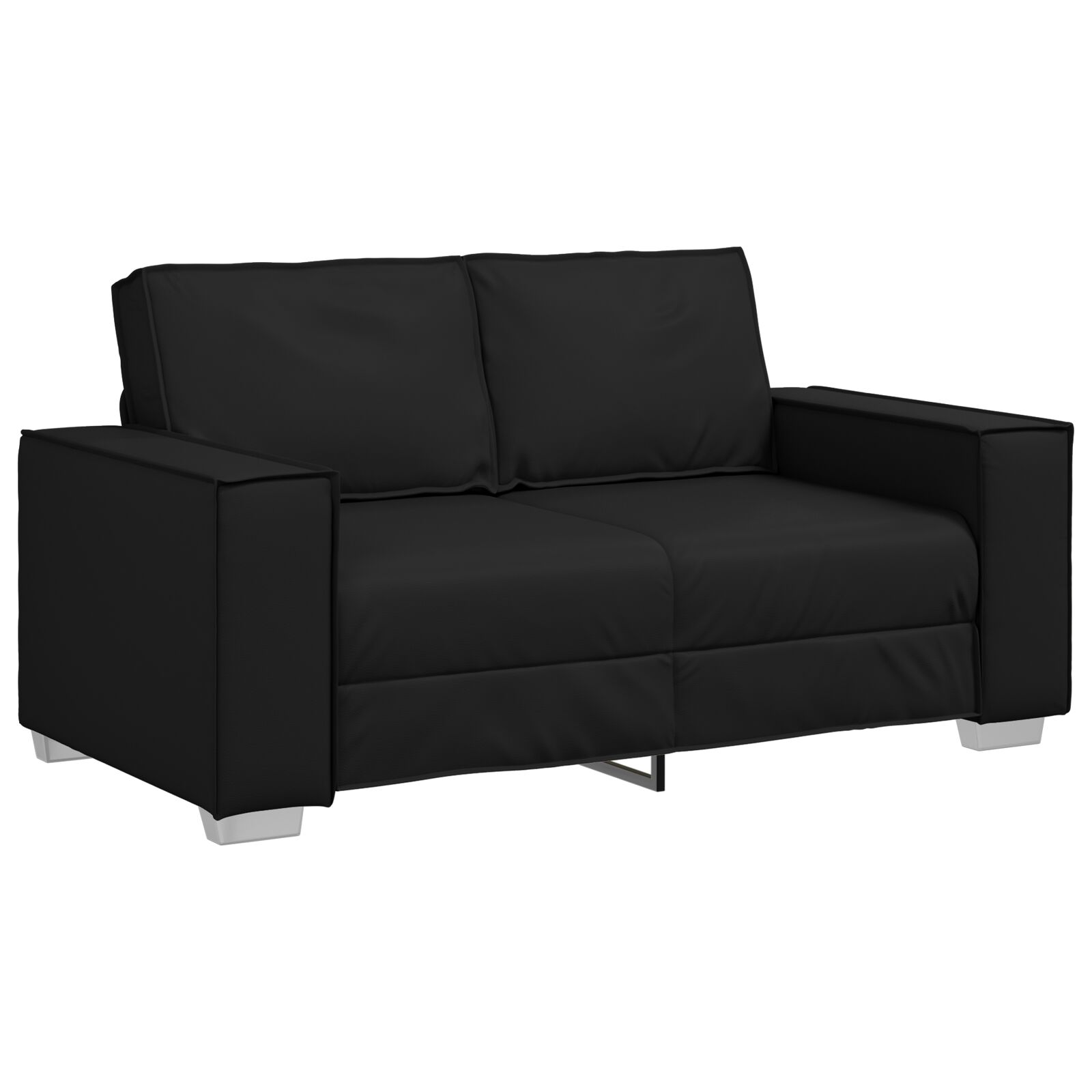 Schwarzes Zweisitzer-Sofa mit weißen Füßen.