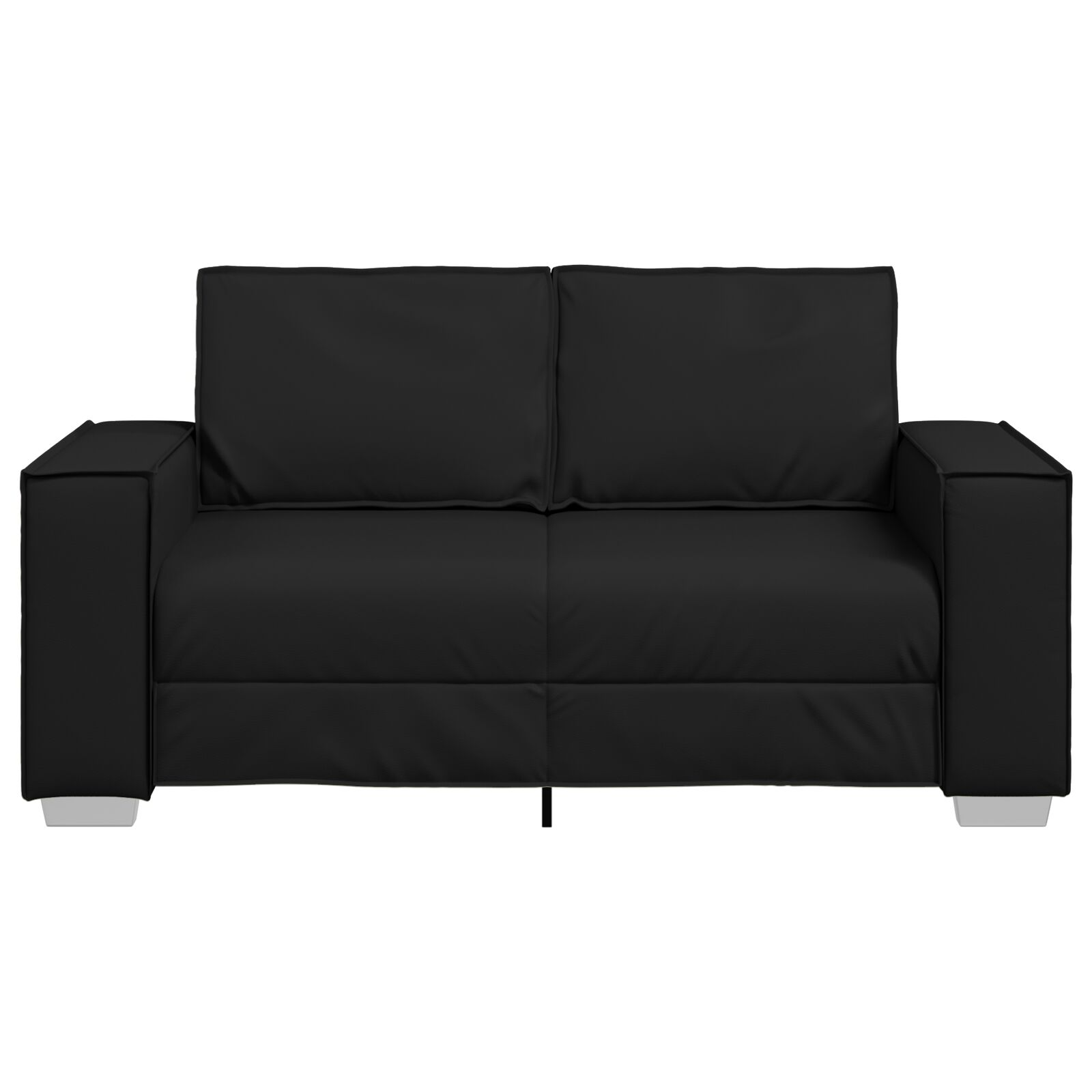 Schwarzes Ledersofa mit quadratischen Armlehnen und silbernen Beinen, auf weißem Hintergrund.