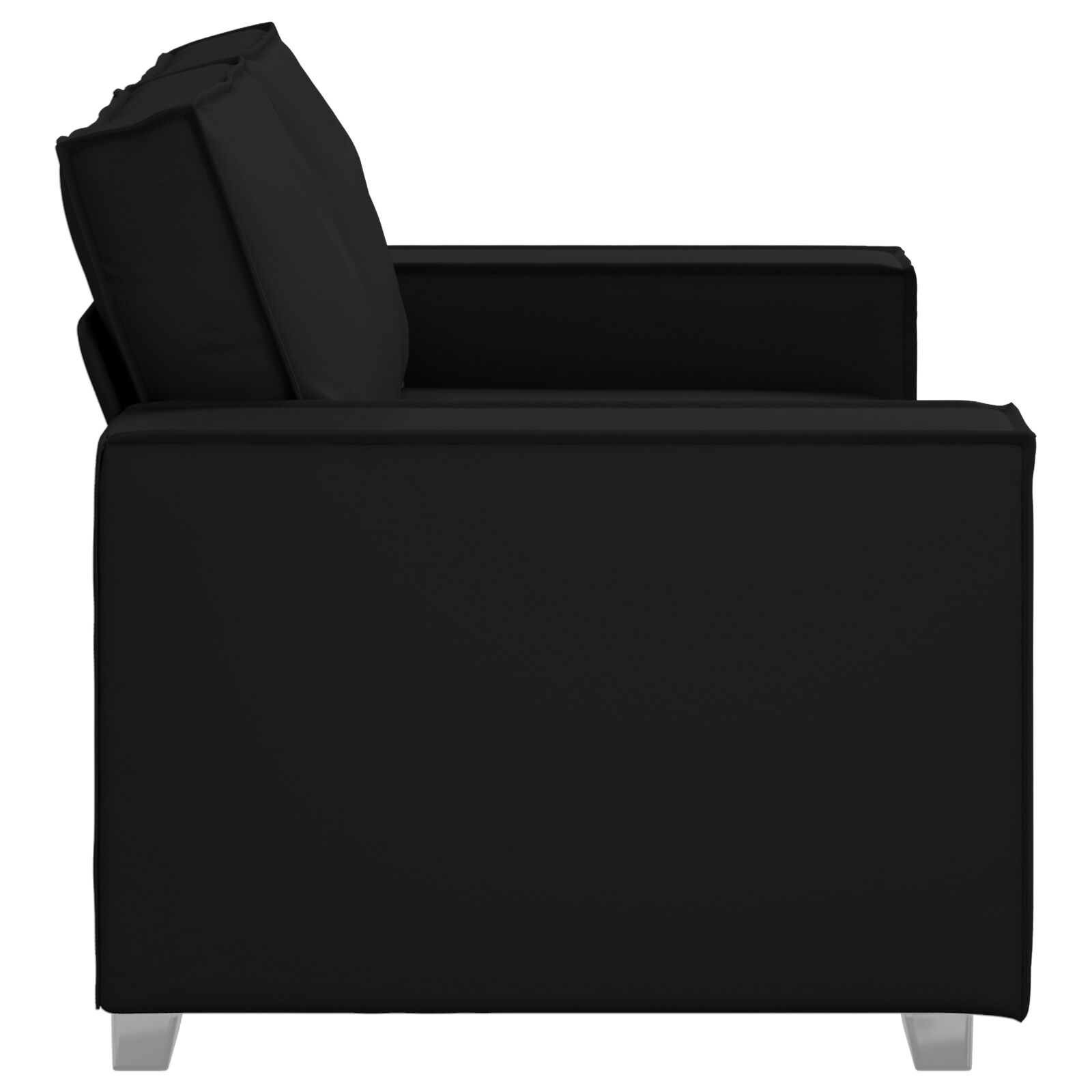 Schwarzes Sofa, Seitenansicht. Zeigt Armlehne und Kissen. Silberne Beine, weißer Hintergrund.