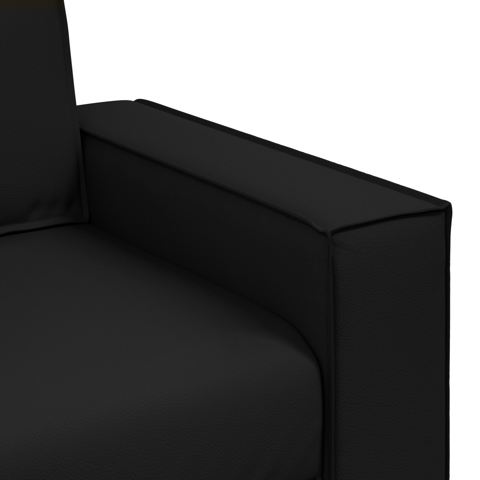 Nahaufnahme einer schwarzen Lederarmlehne an einem Sofa.