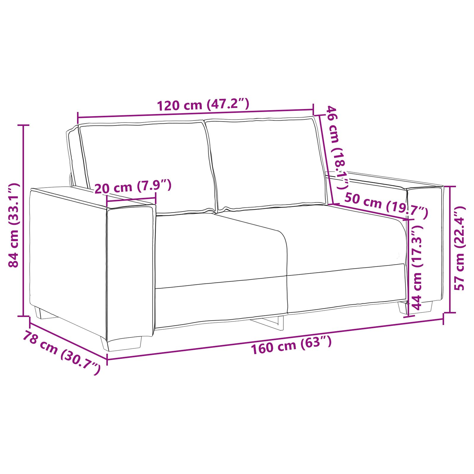 Weißes Sofa mit Abmessungen in cm und Zoll beschriftet.