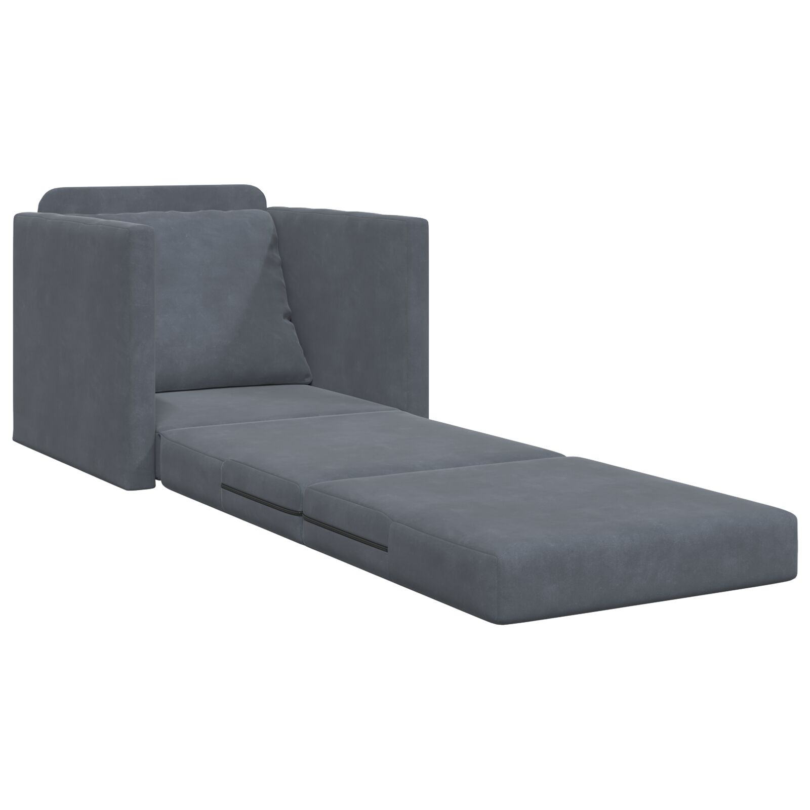 Ein graues Schlafsofa, teilweise geöffnet. Es hat ein dunkelgraues Kissen und einen grauen Rahmen.