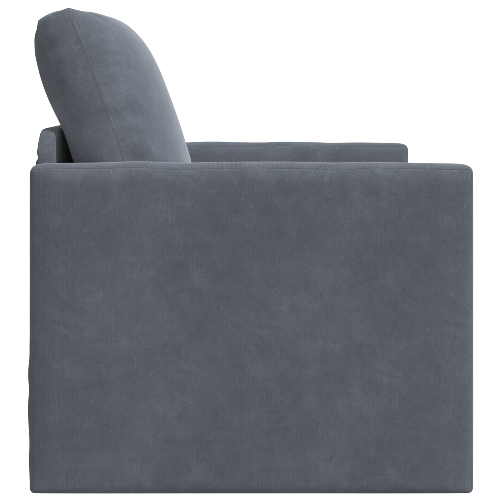 Graues Sofa, Seitenansicht, mit Kissen, auf weißem Hintergrund, Studioaufnahme.
