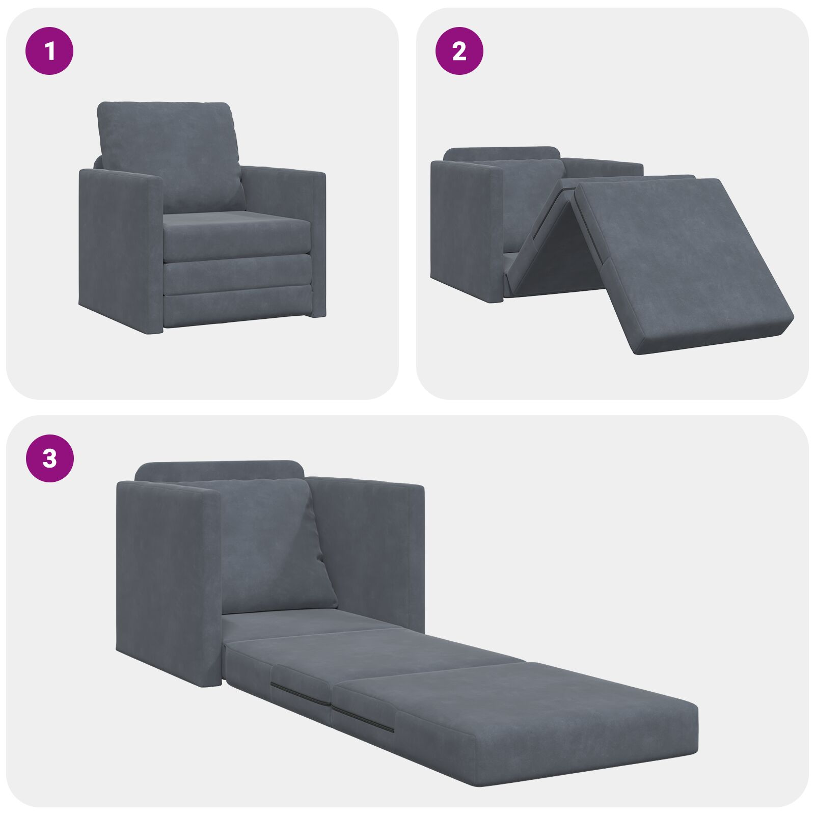 Ein grauer Sessel, der sich in ein Bett mit Matratze verwandelt. Die Phasen der Transformation werden gezeigt.