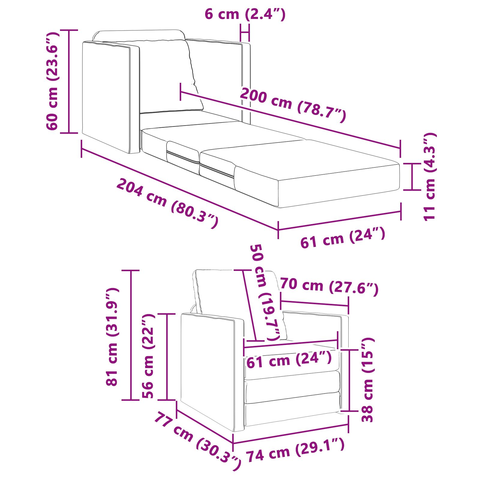 Diagramm eines Sofas mit Abmessungen in cm und Zoll.