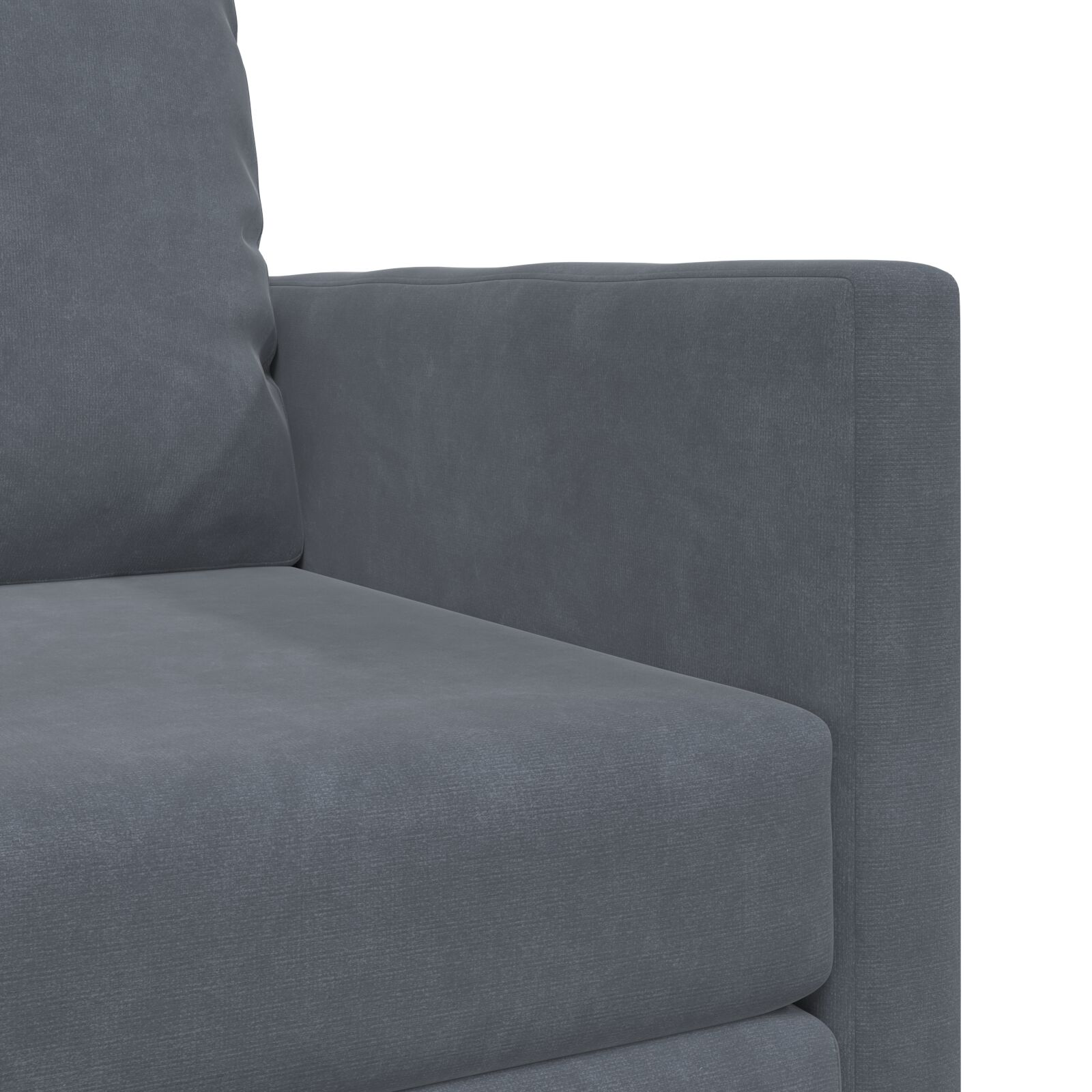 Nahaufnahme eines Teils eines grauen Sofas, das ein graues Kissen und eine Armlehne zeigt.