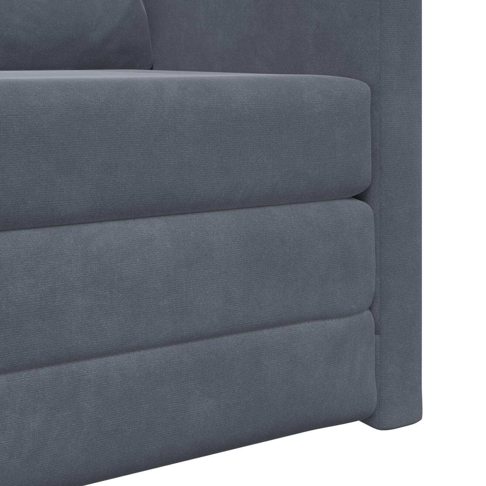 Nahaufnahme eines grauen Sofas, das seine Kissen und die Seite der Couch zeigt.